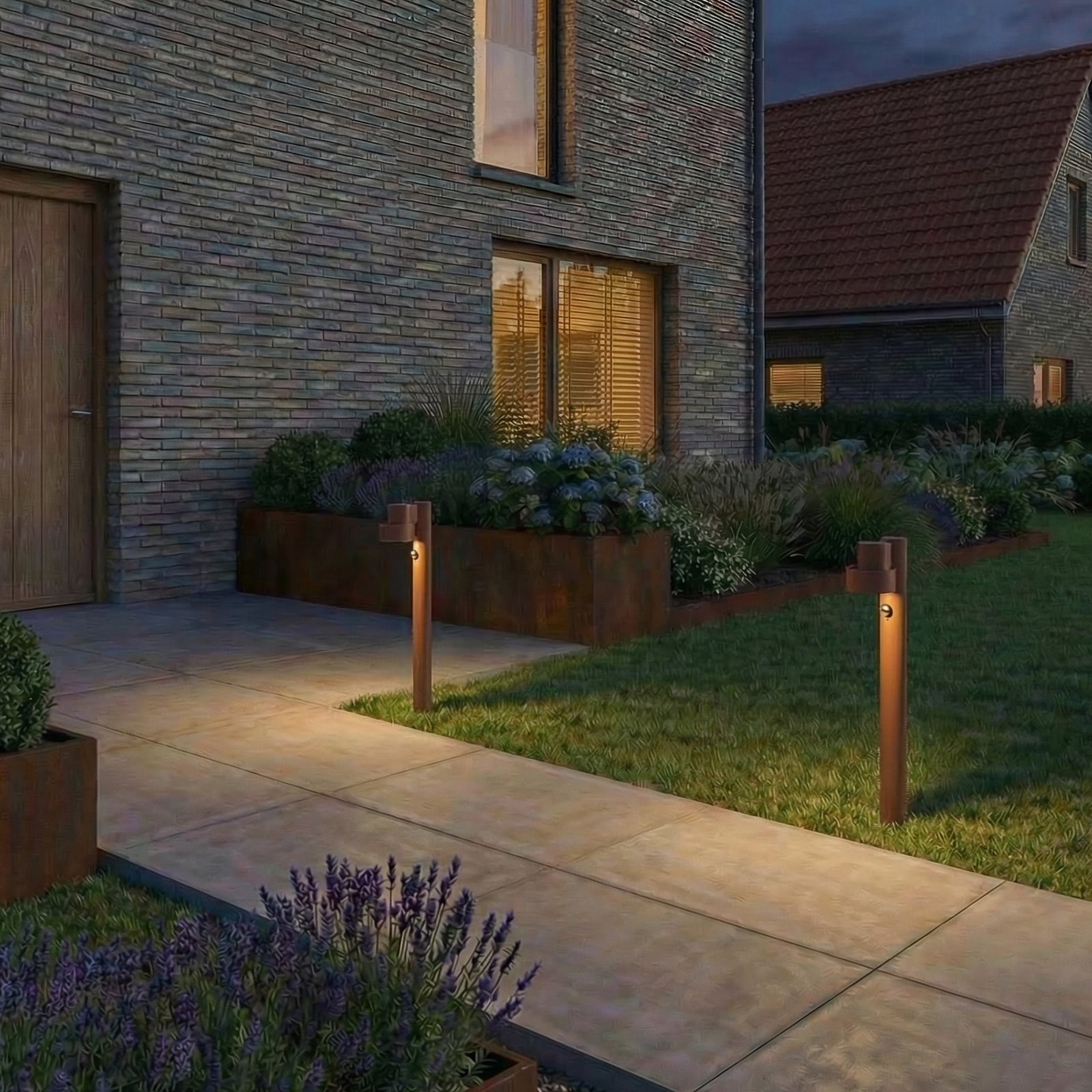 Elune LED-väglampa, brun, med sensor, IP44, 77 cm – Lucande