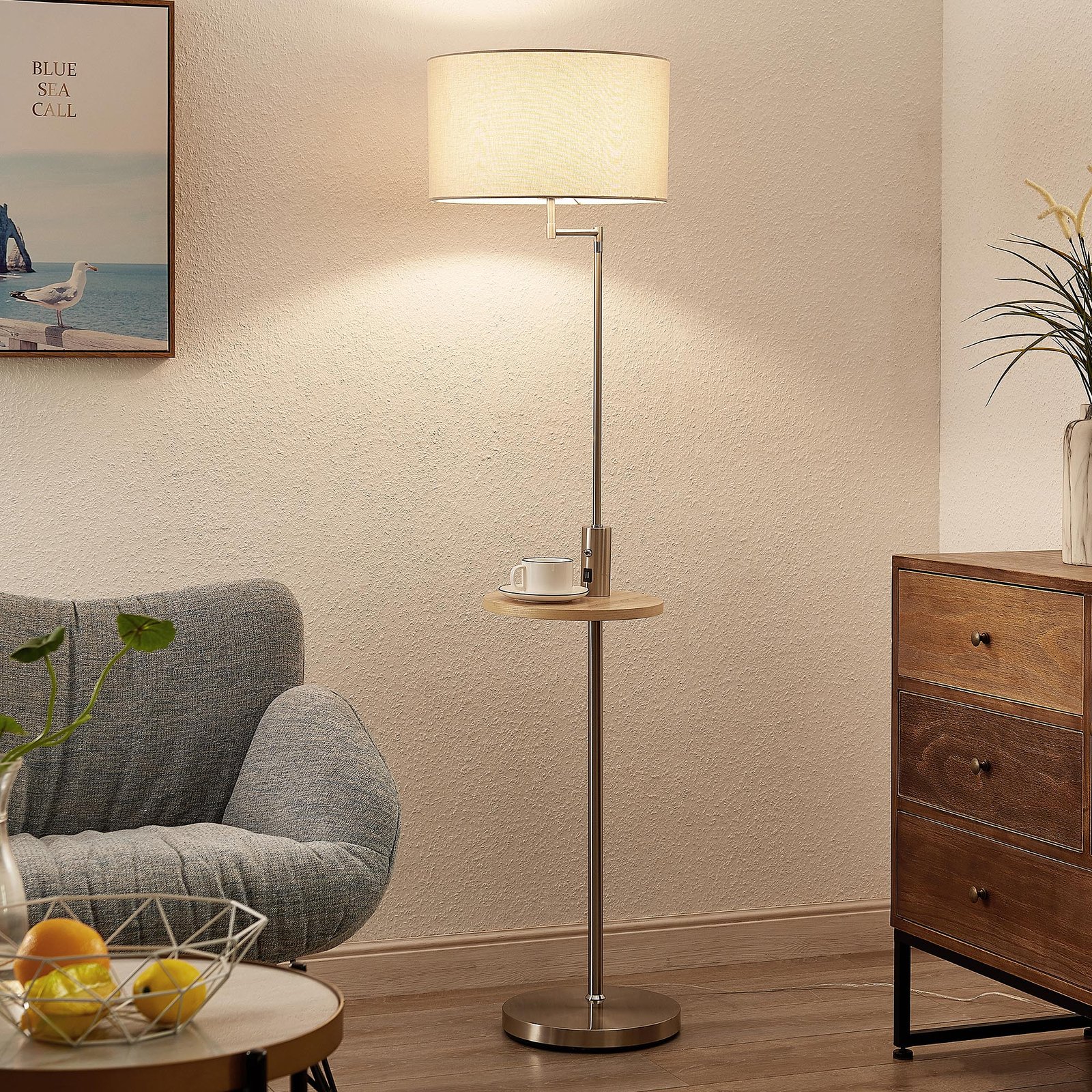 Lindby Zinia Floor Lamp With Shelf And, Salvo Satin Nickel Led Floor Lamp