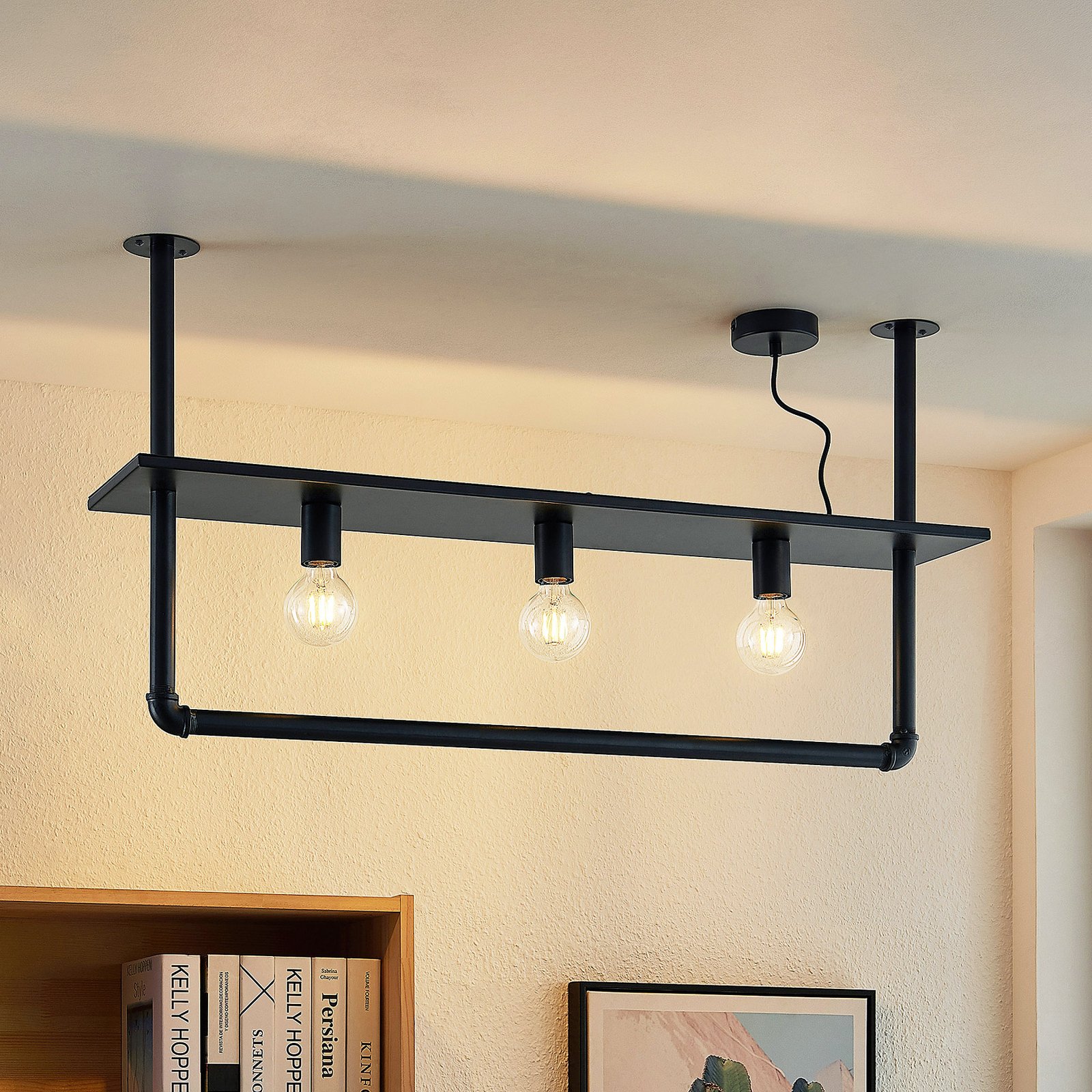 Lindby plafondlamp Kirista, 3-lamps, zwart, 100 cm