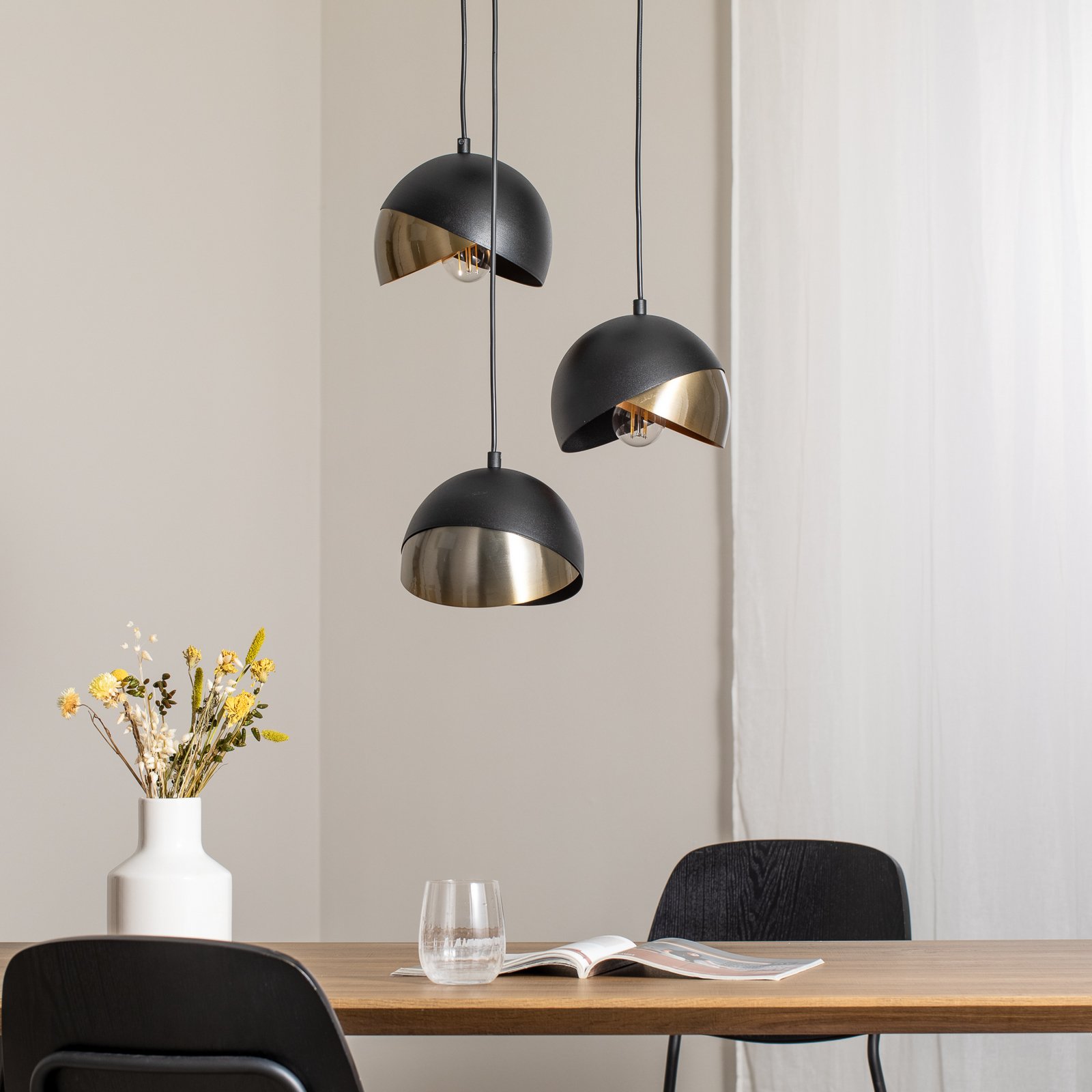 Berceste 252-S2 pendant light, black/gold metal, 3-bulb, round