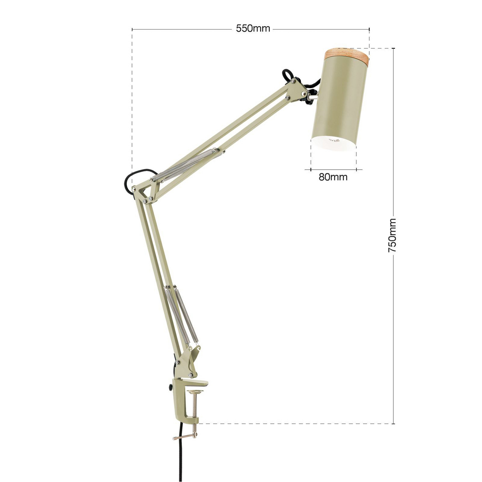 Bordlampe Gili, lysegrønn, klemme, stål, høyde 75 cm, E27