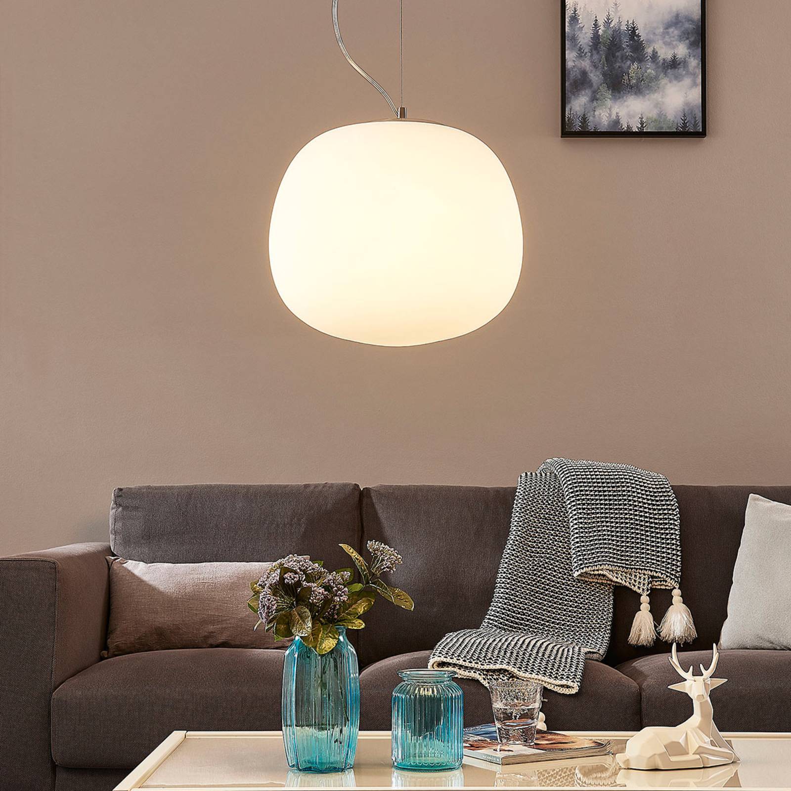Lindby Glass pendant light Ginevra, round, white 38 cm, for Kitchen, glass, metal, E27, 60 W, energy efficiency: A++, H: 36.1 cm