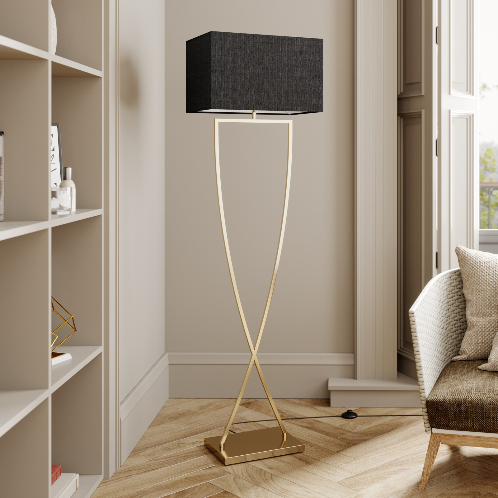 Lucande stāvlampa Evaine, misiņš/melns, 155 cm, E27 Lucande stāvlampa Evaine, misiņš/melns, 155 cm, E27