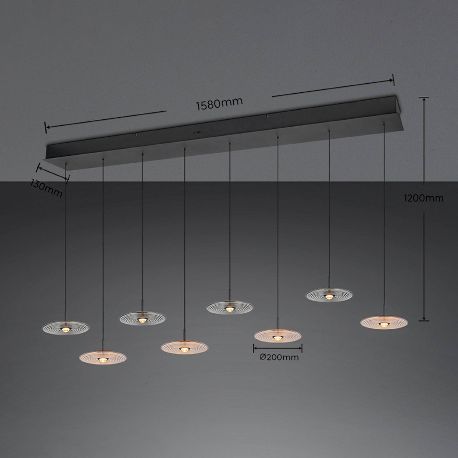 LED-hengelampe Sirena svart/rav/røykfarget 167 cm glass med 8 lyskilder