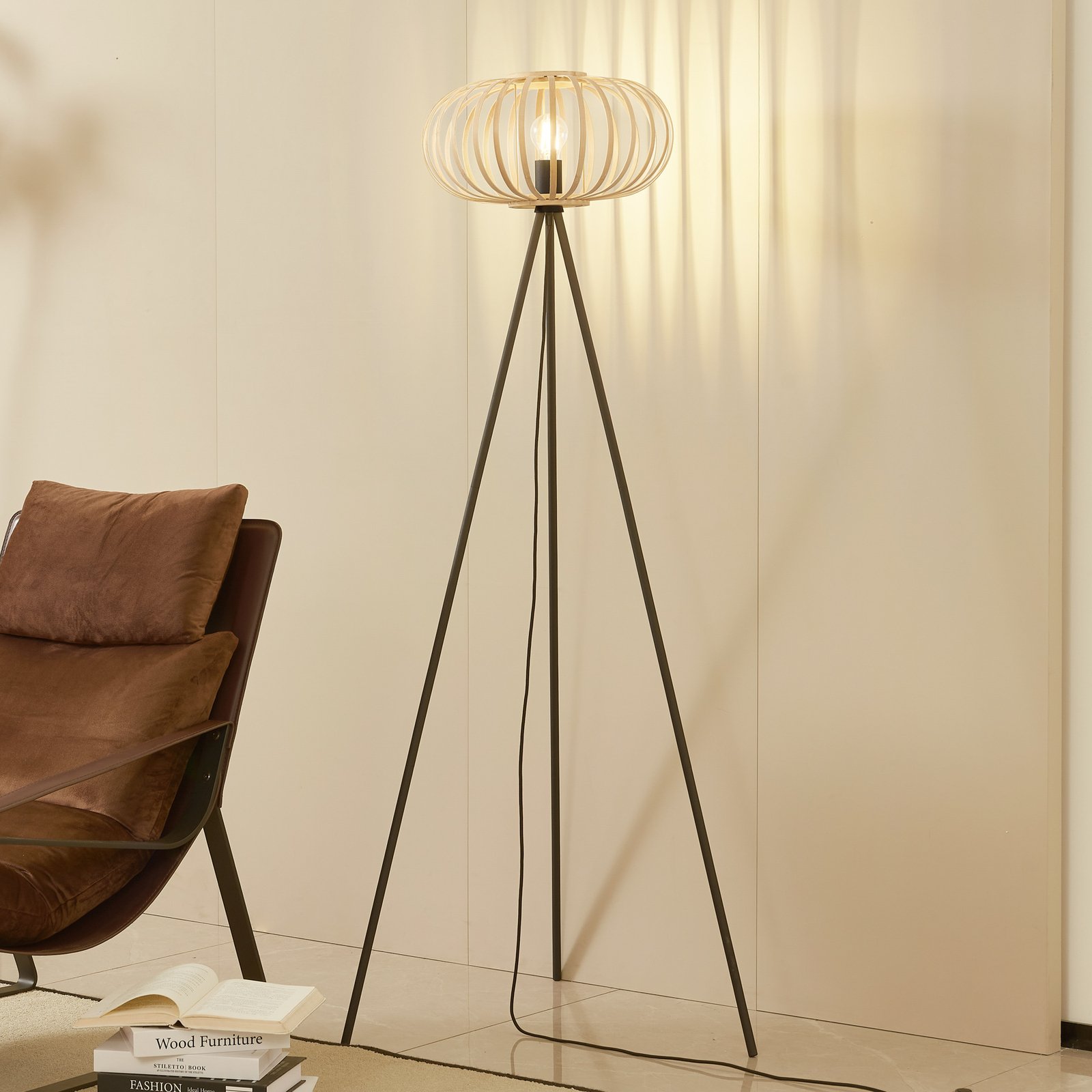 Lampa stojąca Lindby Lielle, naturalny bambus, Ø 40 cm