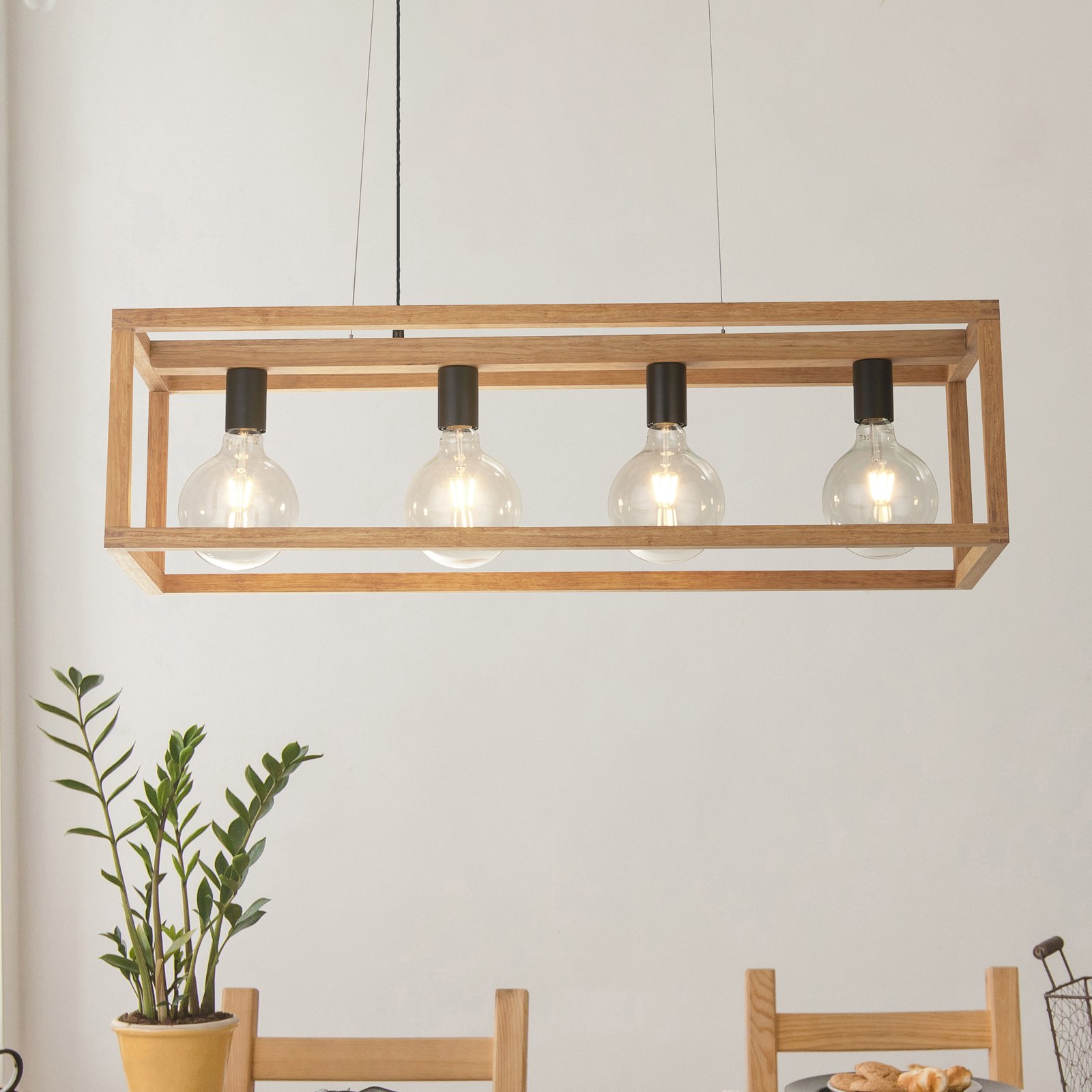 Suspension Square, 4 lampes, 90 cm de long, bambou, E27