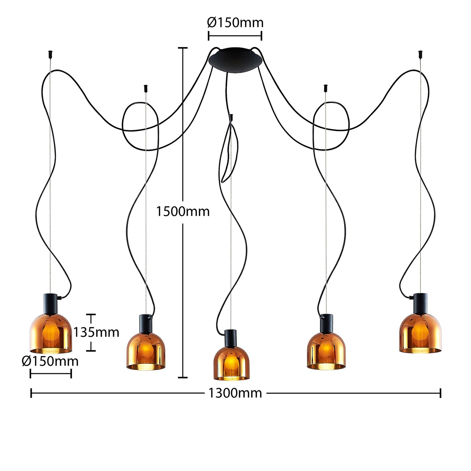 Lucande Serina suspension, 5 lampes, verre cuivré
