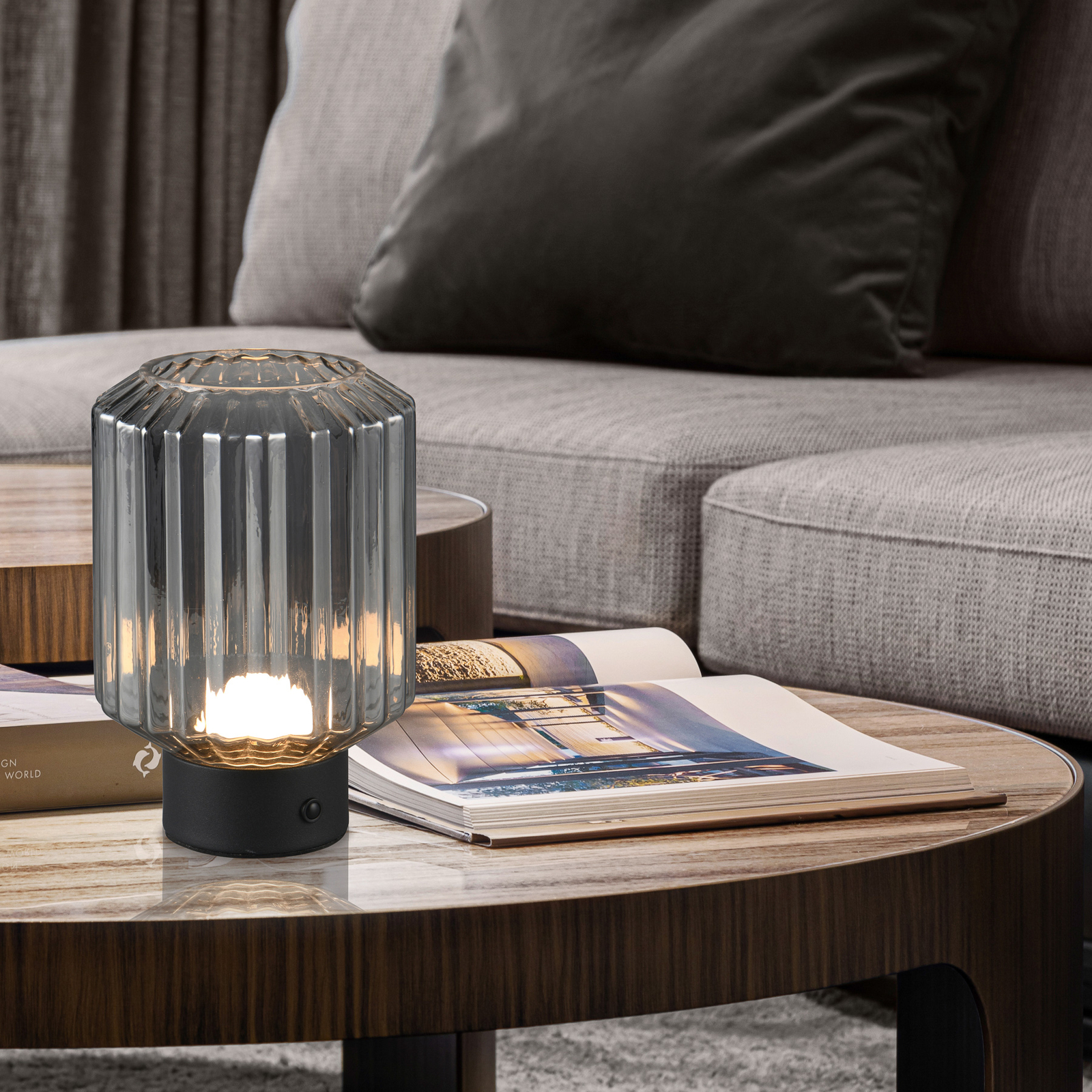 Lord LED-es újratölthető asztali lámpa, fekete/füst, magasság 19,5 cm, üveg