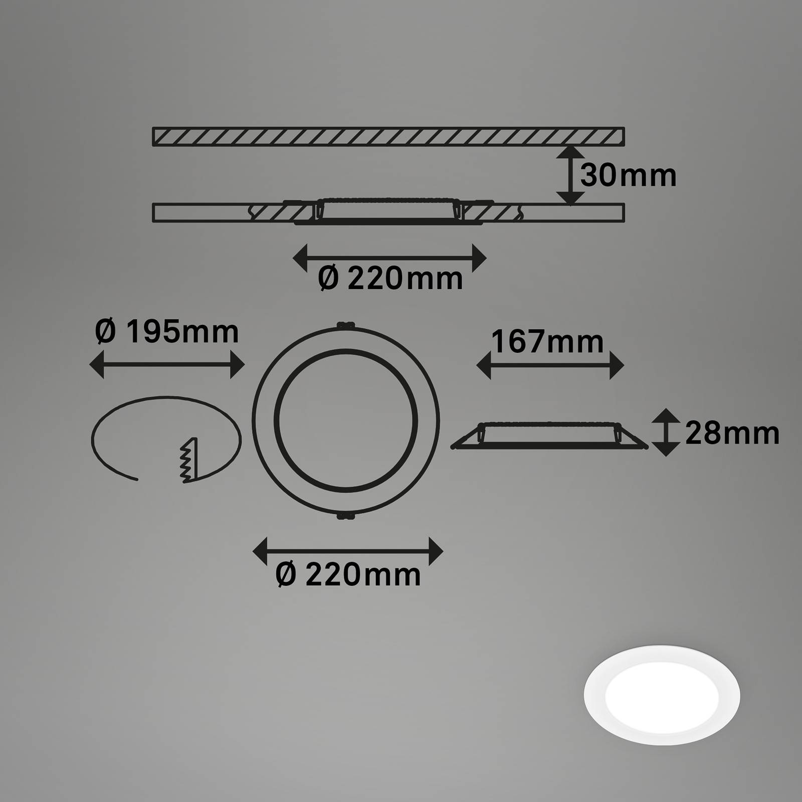 Oprawa wpuszczana LED Jeft, Ø 22 cm, biała, 4000 K, ściemniana