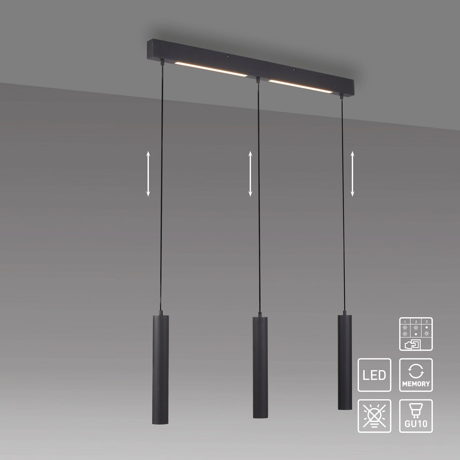 LED viseća svjetiljka DANTE, crna, 3 x GU10, duljina 90 cm, metal