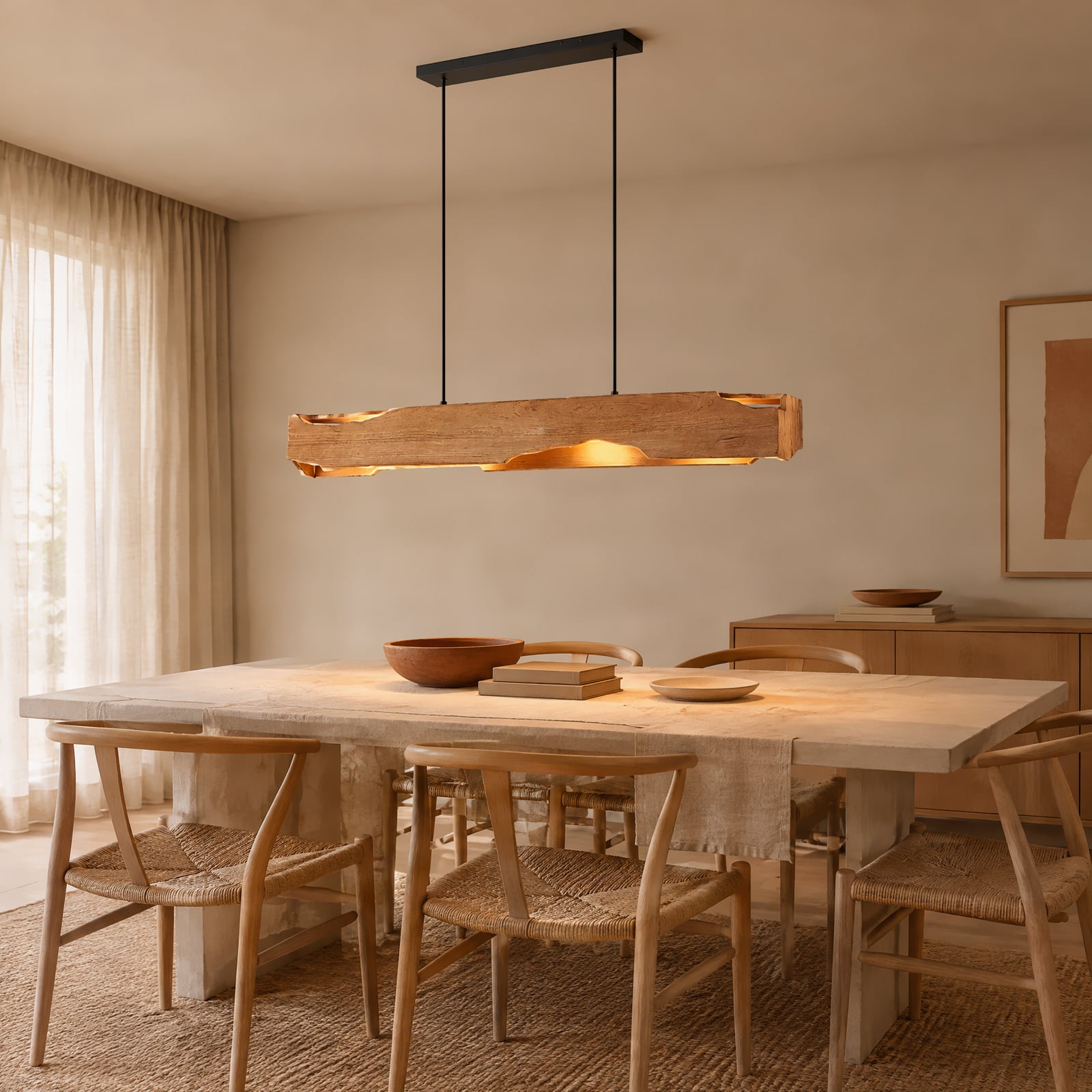 Tarry pendant light, wood, length 110 cm, E27 - Lucande Tarry pendant light, wood, length 110 cm, E27 - Lucande