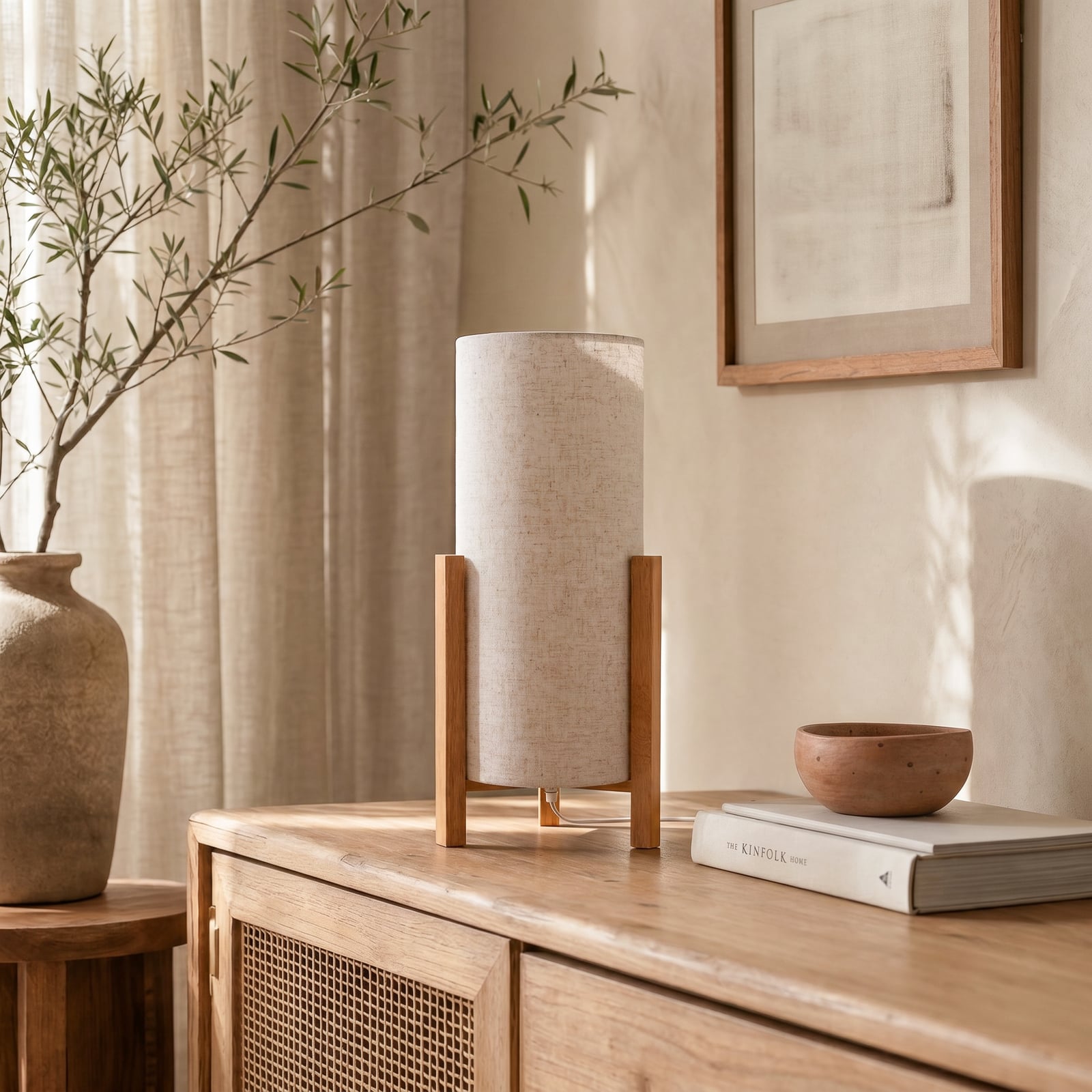Bordslampa 3193, trä, textil av linne, höjd 52cm