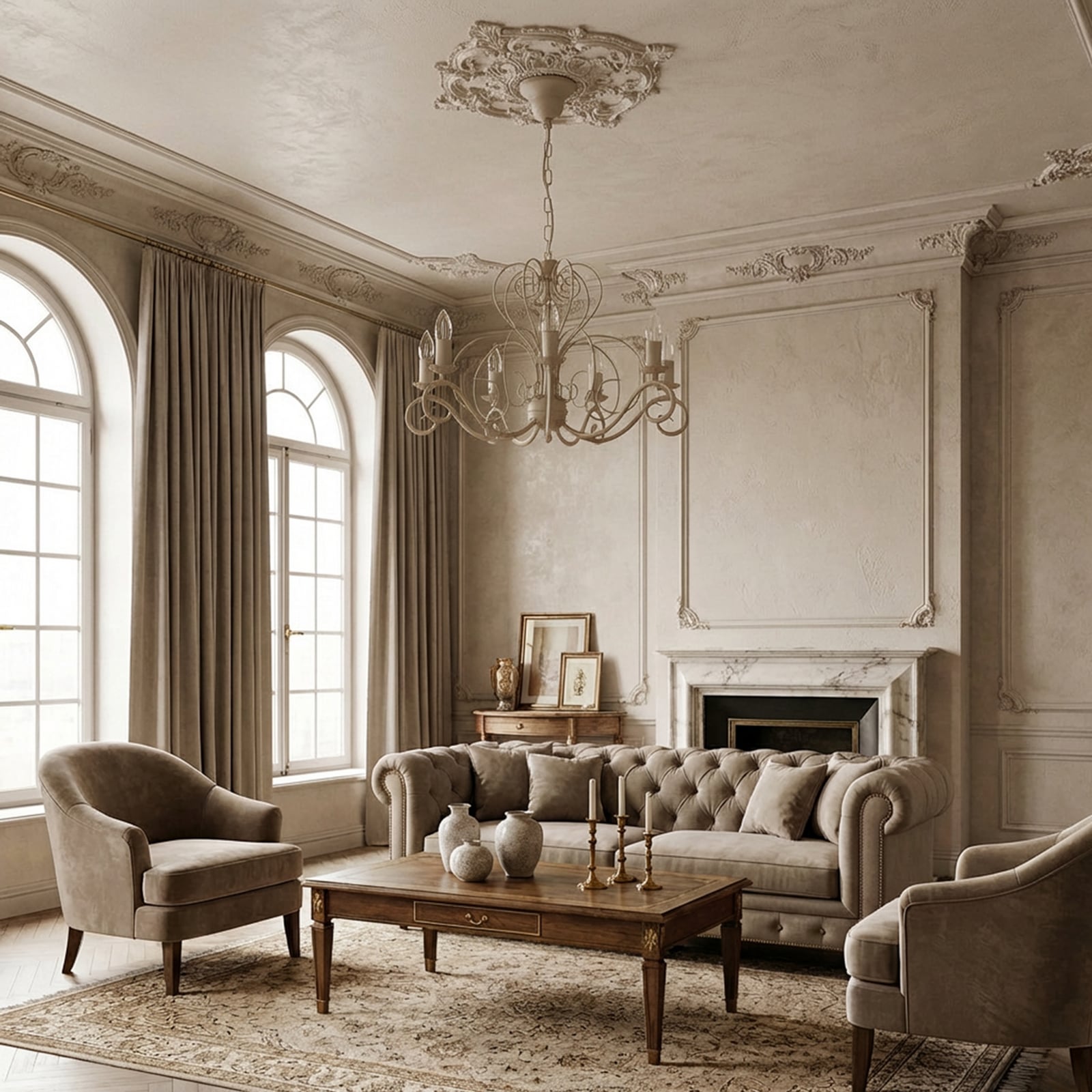 Mauro chandelier, beige, 7-bulb, Ø 62 cm, metal, E14 Mauro chandelier, beige, 7-bulb, Ø 62 cm, metal, E14