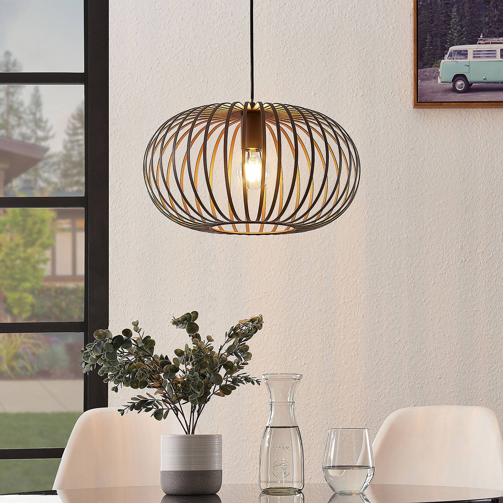 Lindby Nahele hanging light in the form of a cage, for Living / Dining Room, iron, E27, 60 W, energy efficiency: A++