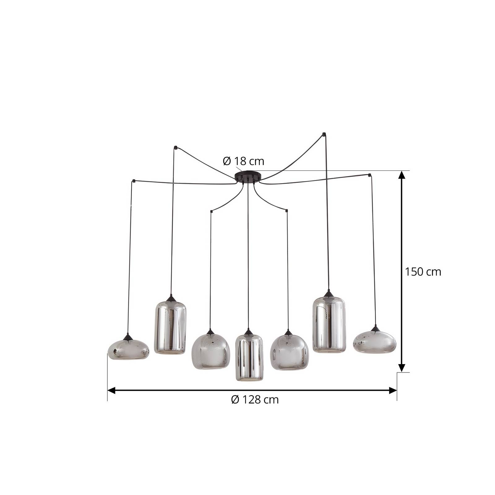 Lampa wisząca Lindby Marla, 7-punktowa, szkło, dymny szary, 128 cm