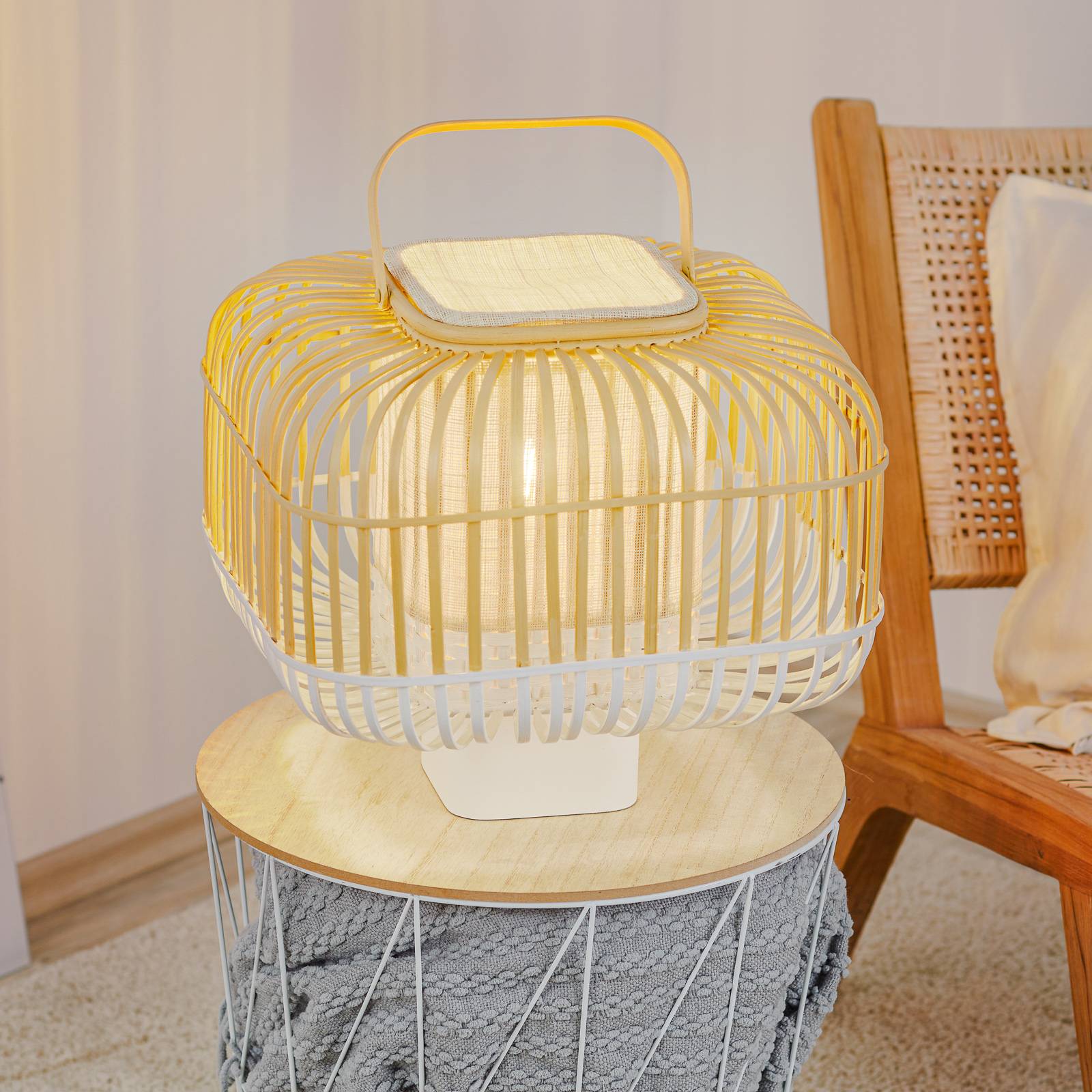 Forestier Bamboo Square S table lamp in white, for Living / Dining Room, bamboo, wood, E27, 60 W, energy efficiency: A++, H: 41 cm
