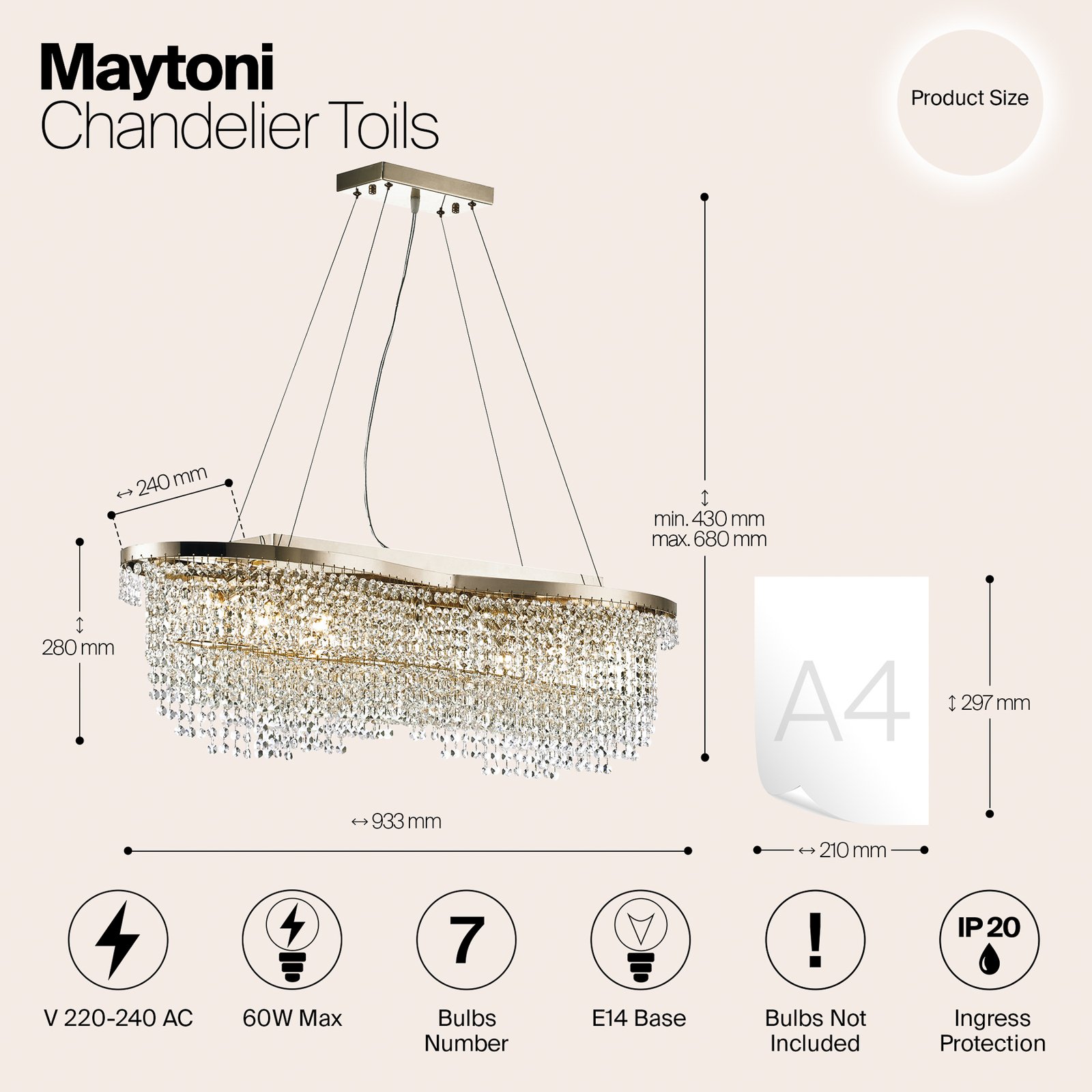 Maytoni pendant light Toils, gold-coloured, crystals, 7 x E14