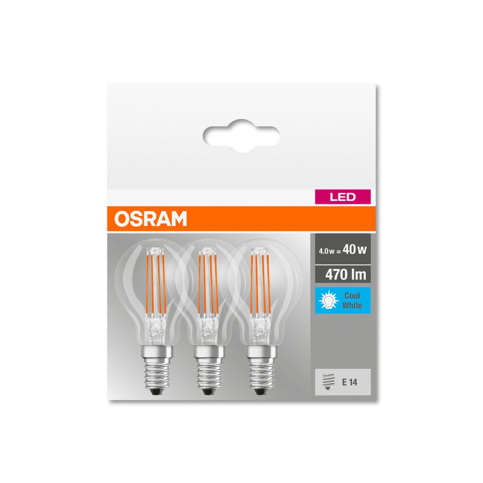 OSRAM LED-pære E14 P40 4 W filament 827 470lm 3stk