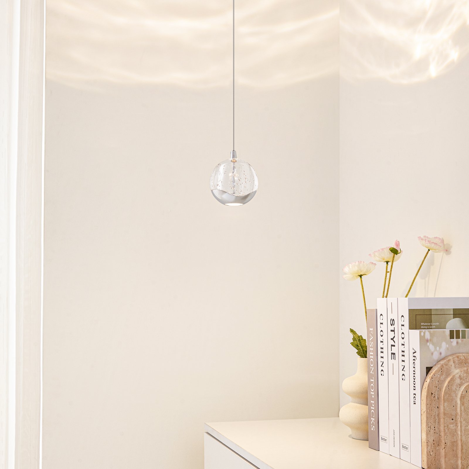 Lucande LED hanging light Hayley, Ø 9 cm, chrome-coloured, glass