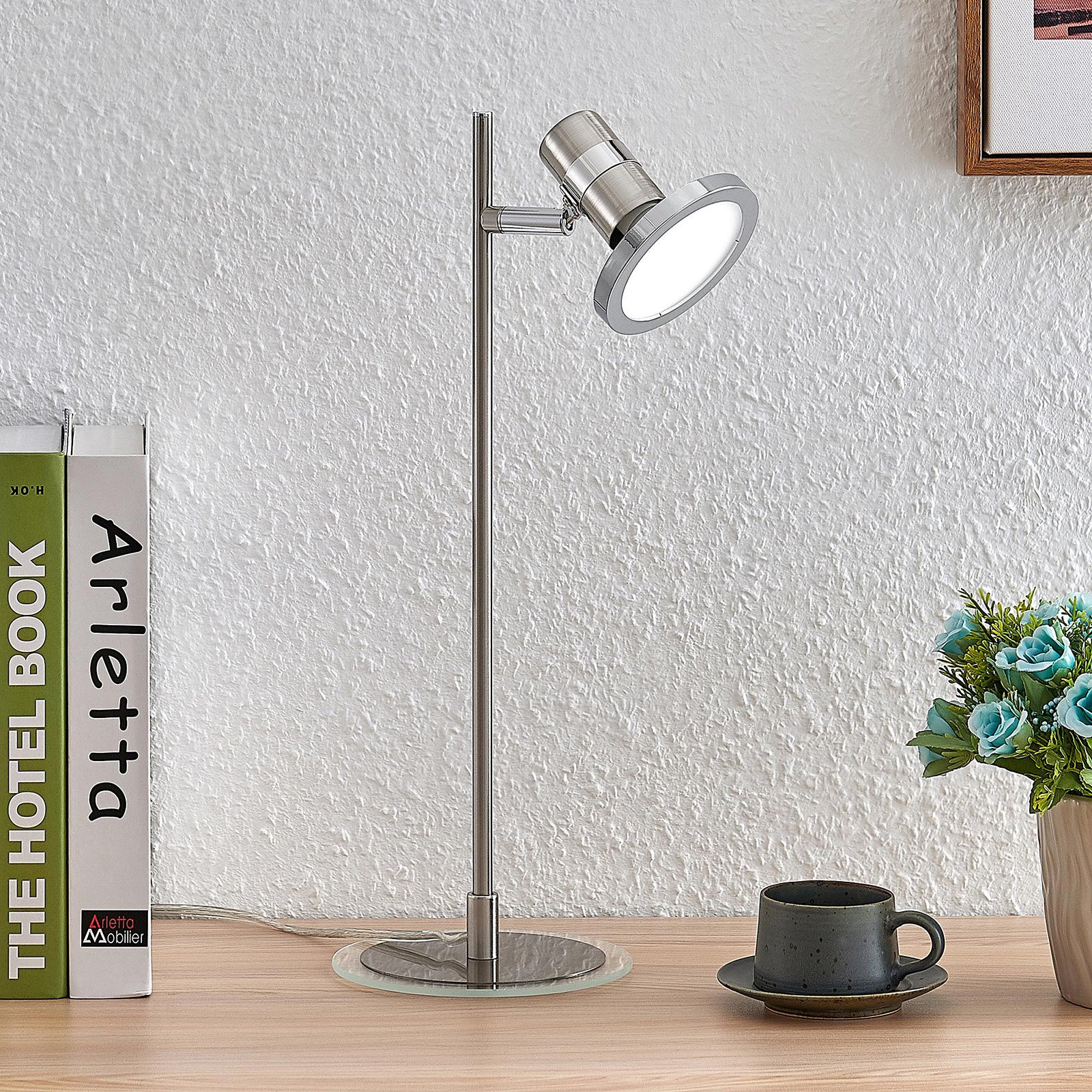 Lindby Kajetan LED table lamp, nickel, one-bulb, for Living / Dining Room, metal, glass, GU10, 5 W, energy efficiency: A+, W: 14 cm, H: 40 cm
