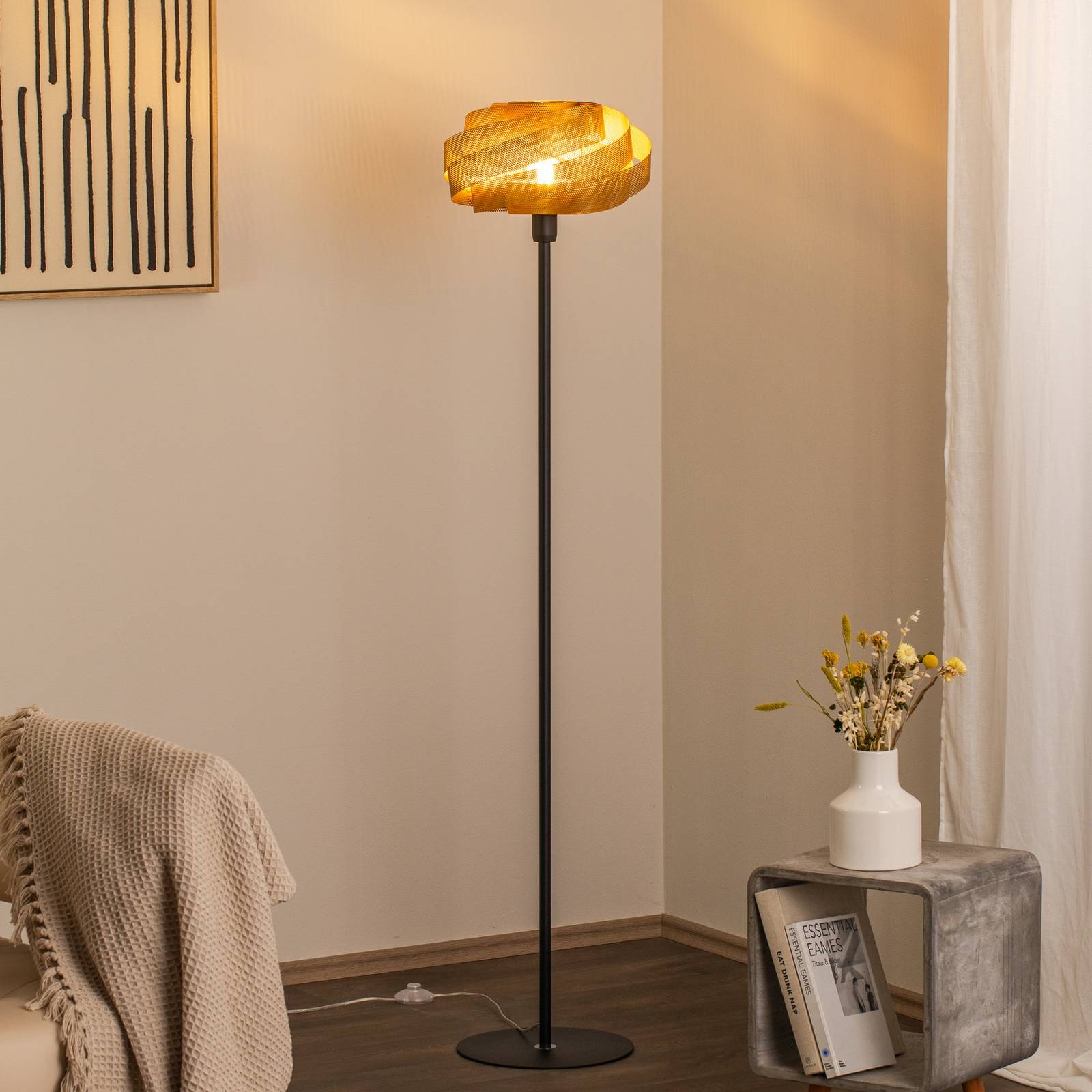 Lampa podłogowa Vento, czarna/złota, metal, Ø 40 cm, E27