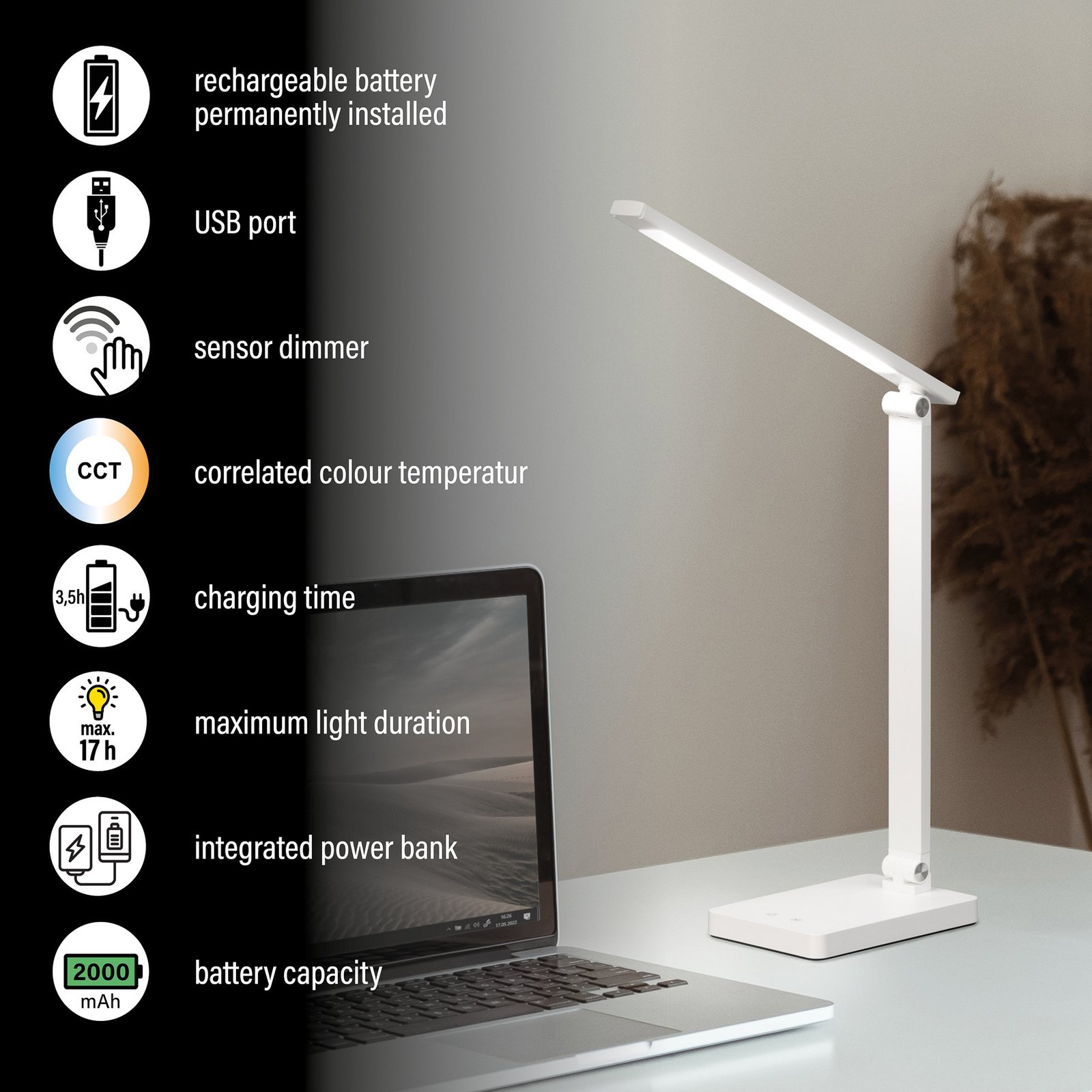 Lámpara de escritorio Ole LED recargable, blanca, sensor, atenuable, CCT Lámpara de escritorio Ole LED recargable, blanca, sensor, atenuable, CCT