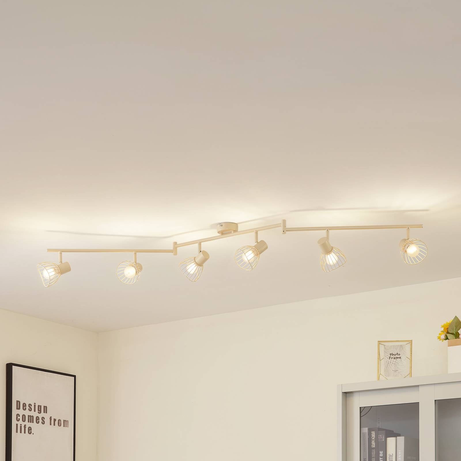 Lindby plafonnier Piena beige à 6 lampes fer