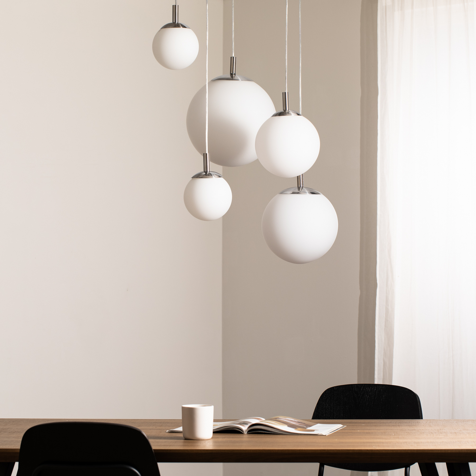 Suspension Maroni, chrome/blanc, verre, à 5 lampes