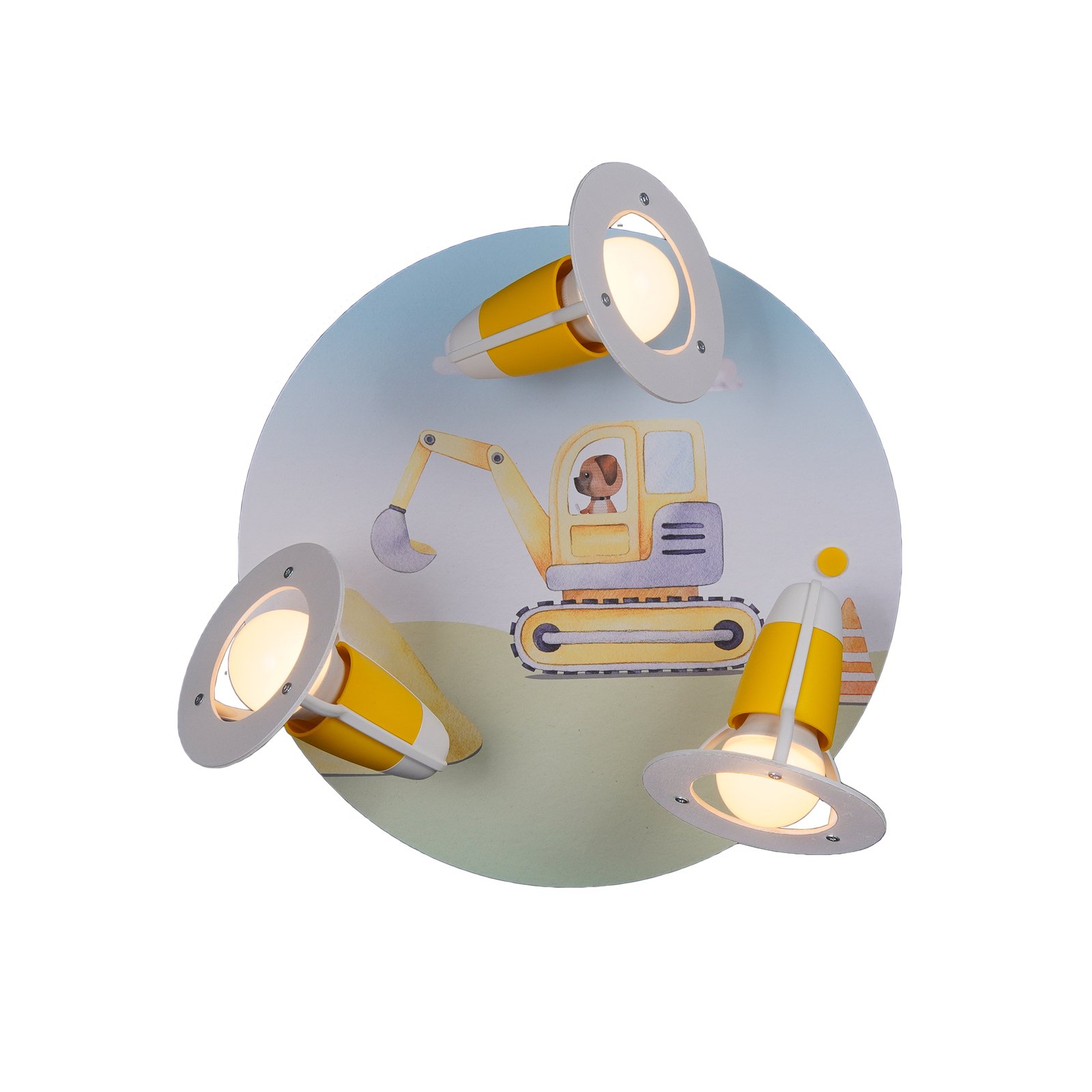 Construction site excavator ceiling light, yellow, Ø 29 cm, 3-bulb