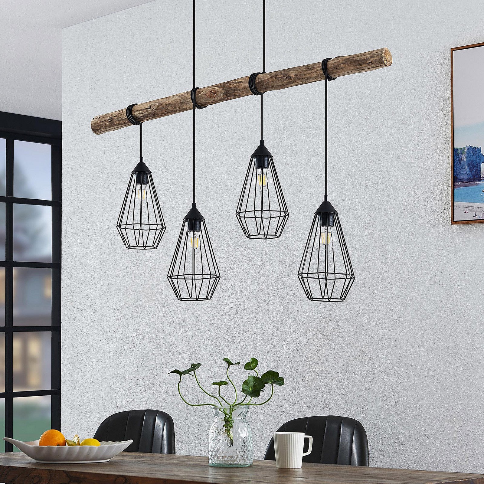 Lampă suspendată Lindby Eldarion 116 cm 4 becuri lemn E27 - Camera de zi / sufragerie - Casă de țară / Rustic - negru mat lemn deschis
