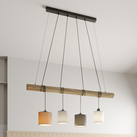 Suspension Sachiko, barres bois, 4 abat-jour tissu