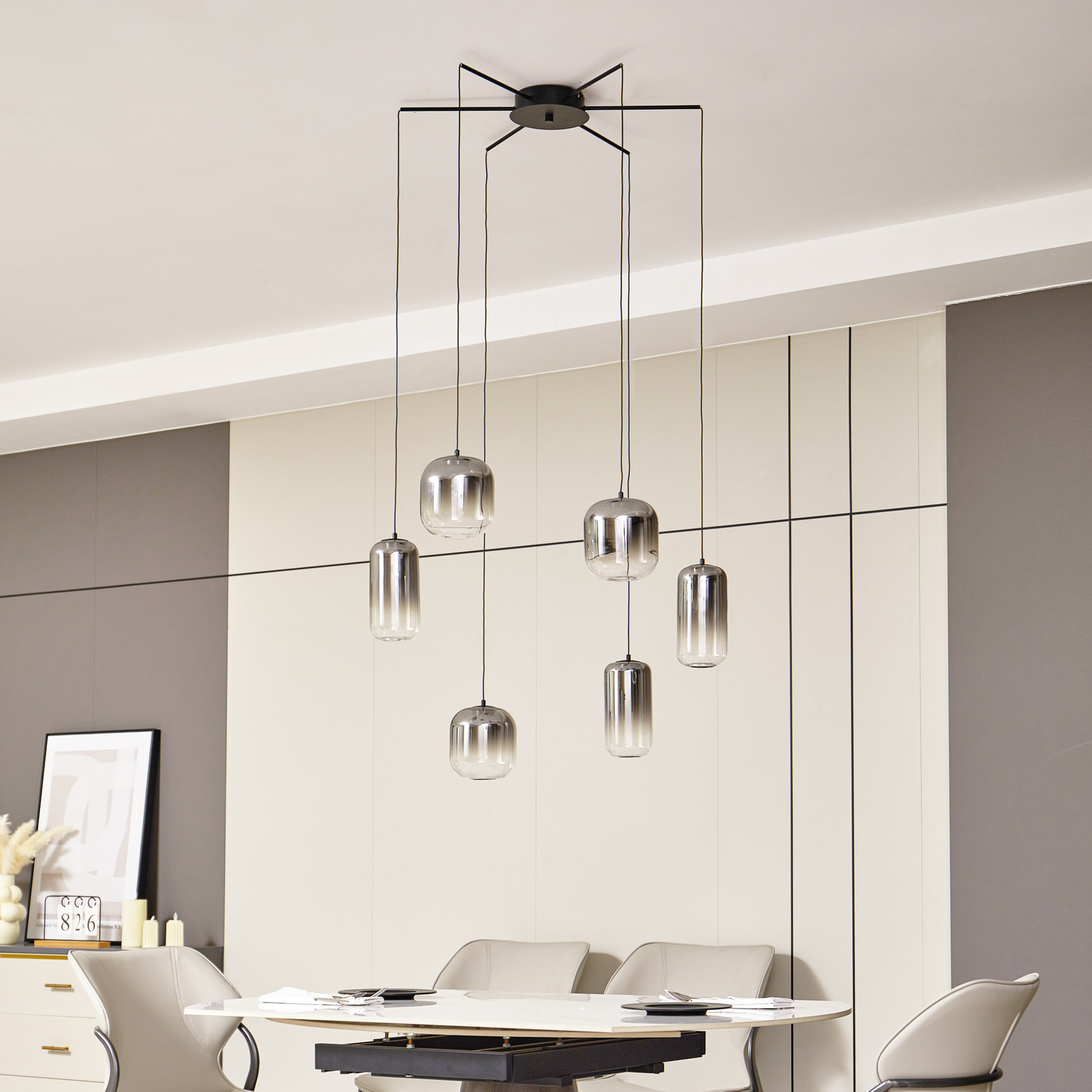 Lucande Suspension LED Avelina, gris fumé, à 6 lampes