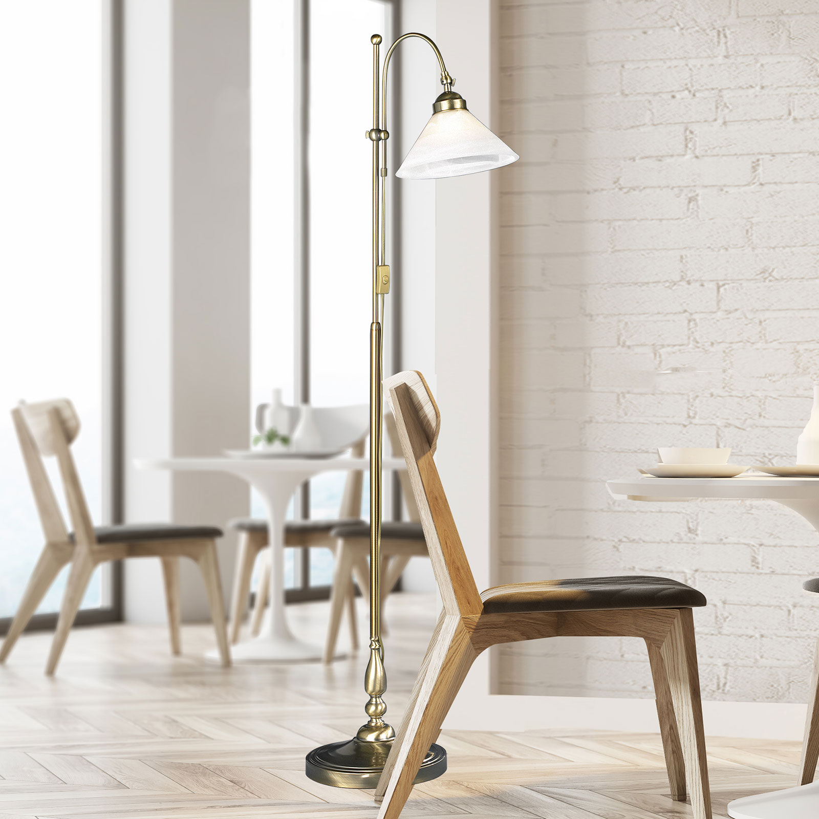 Fischer & Honsel Antwerpen Floor Lamp Stylish Antique Brass, for Living / Dining Room, Brass, glass, E27, 42 W, energy efficiency: A++, H: 175 cm