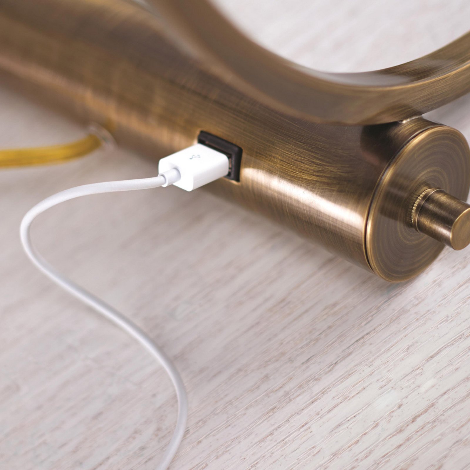 FEISS Mit port USB - lampă de masă textilă Lex alamă - Camera de zi / sufragerie - Modern - alamă alb - Țesătură / Textil