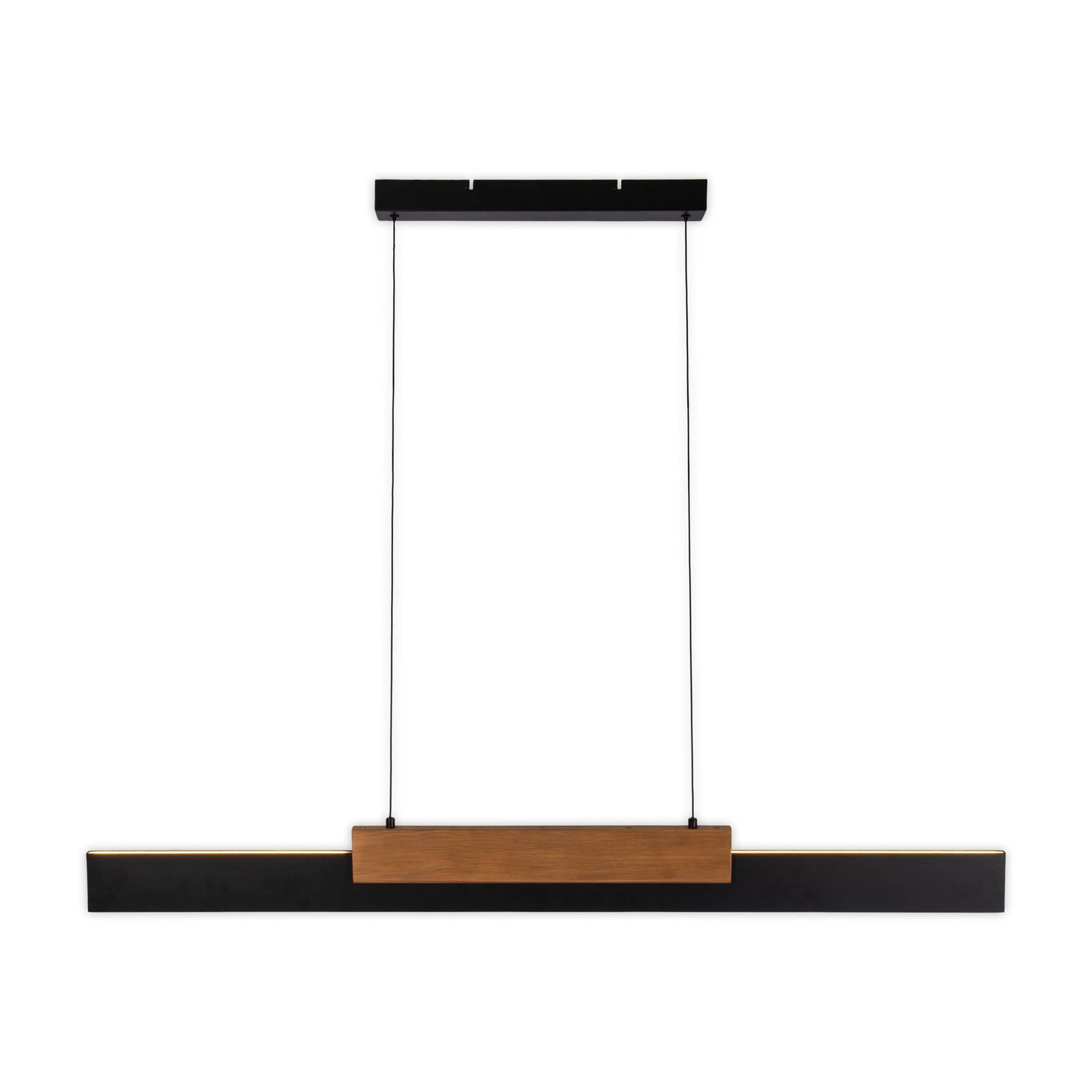 Suspension LED Wiebke, noir détail bois 120,5 cm intensité variable