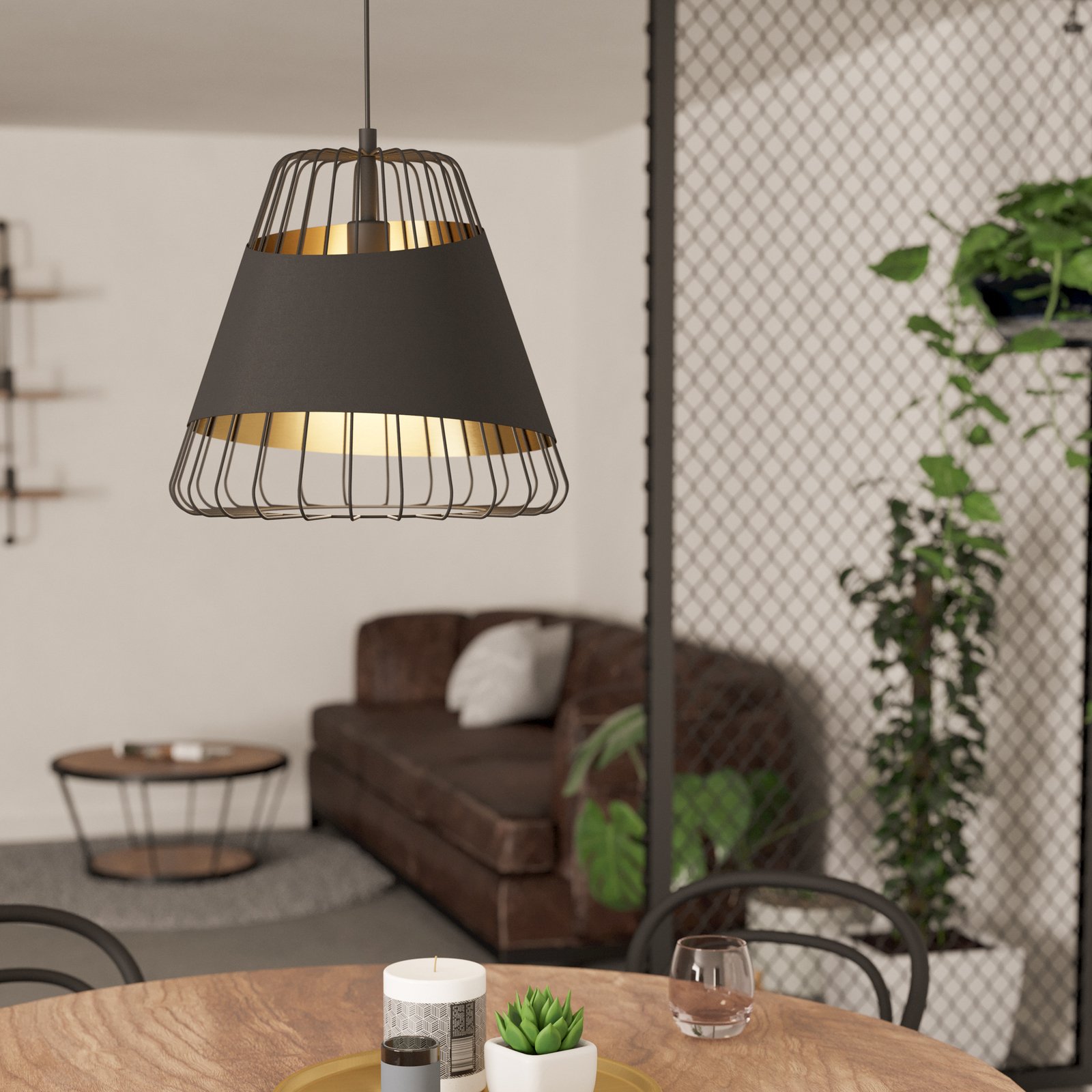 Austell pendellampa, Ø 43 cm, svart/guld, metall, tyg