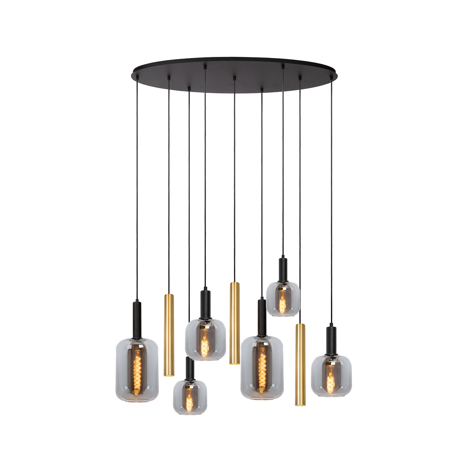 Hängelampe Joanet, Länge 130 cm, rauch/messing, Glas, 9-flg.