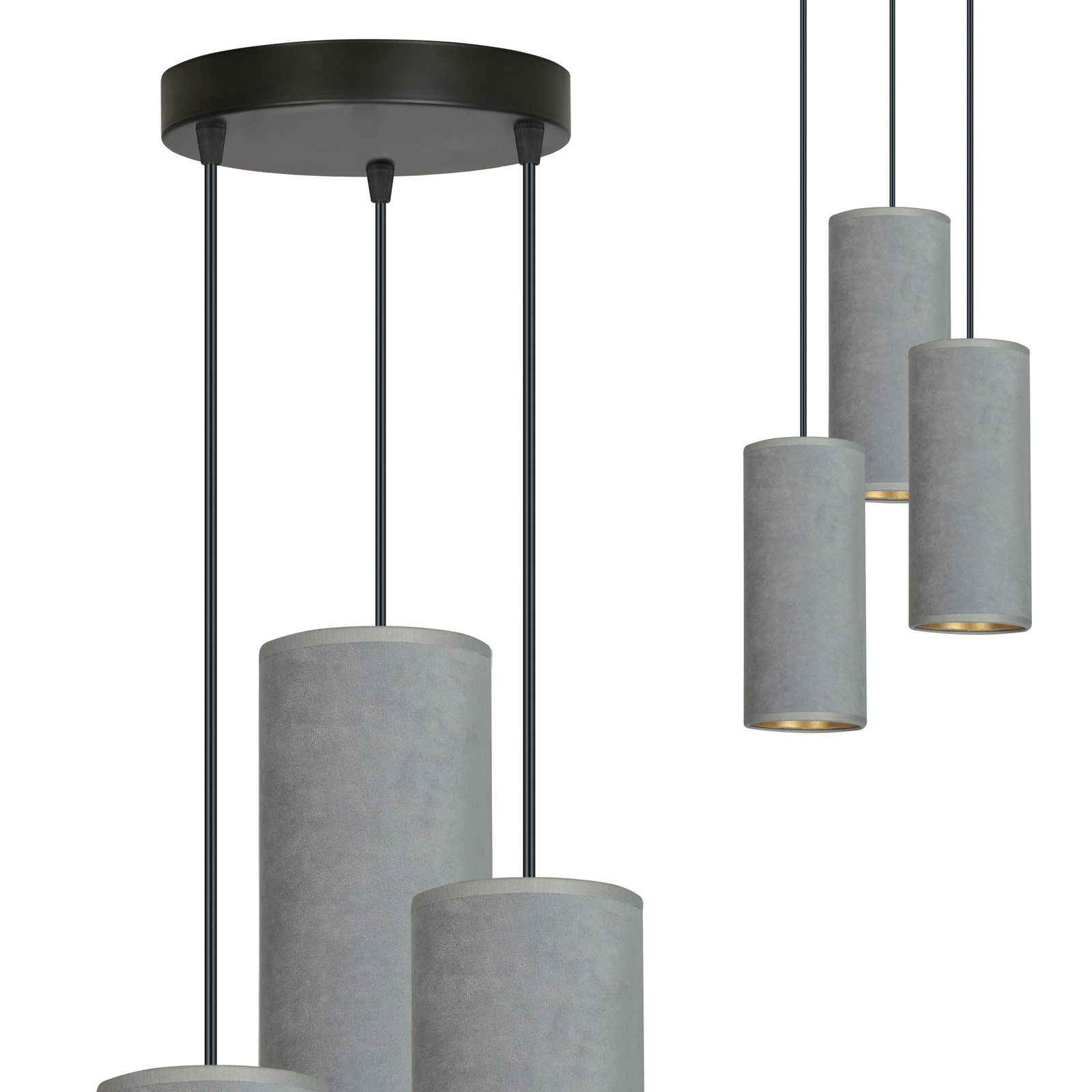 Hanglamp Joni, textiel, 3-lamps rond, grijs-goud