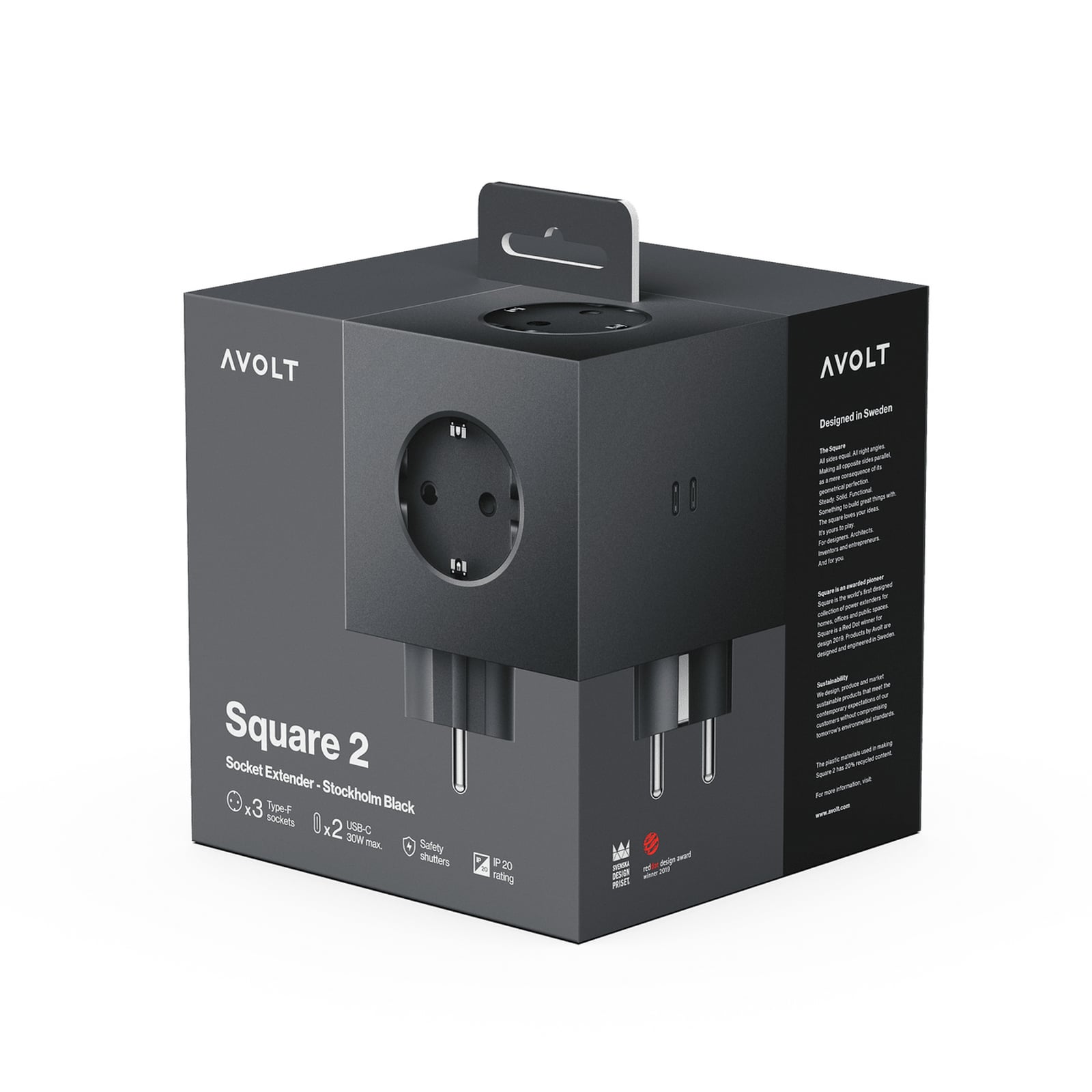 SQUARE 2 Zwischenstecker schwarz 3 x Schuko, 2 x USB - AVOLT