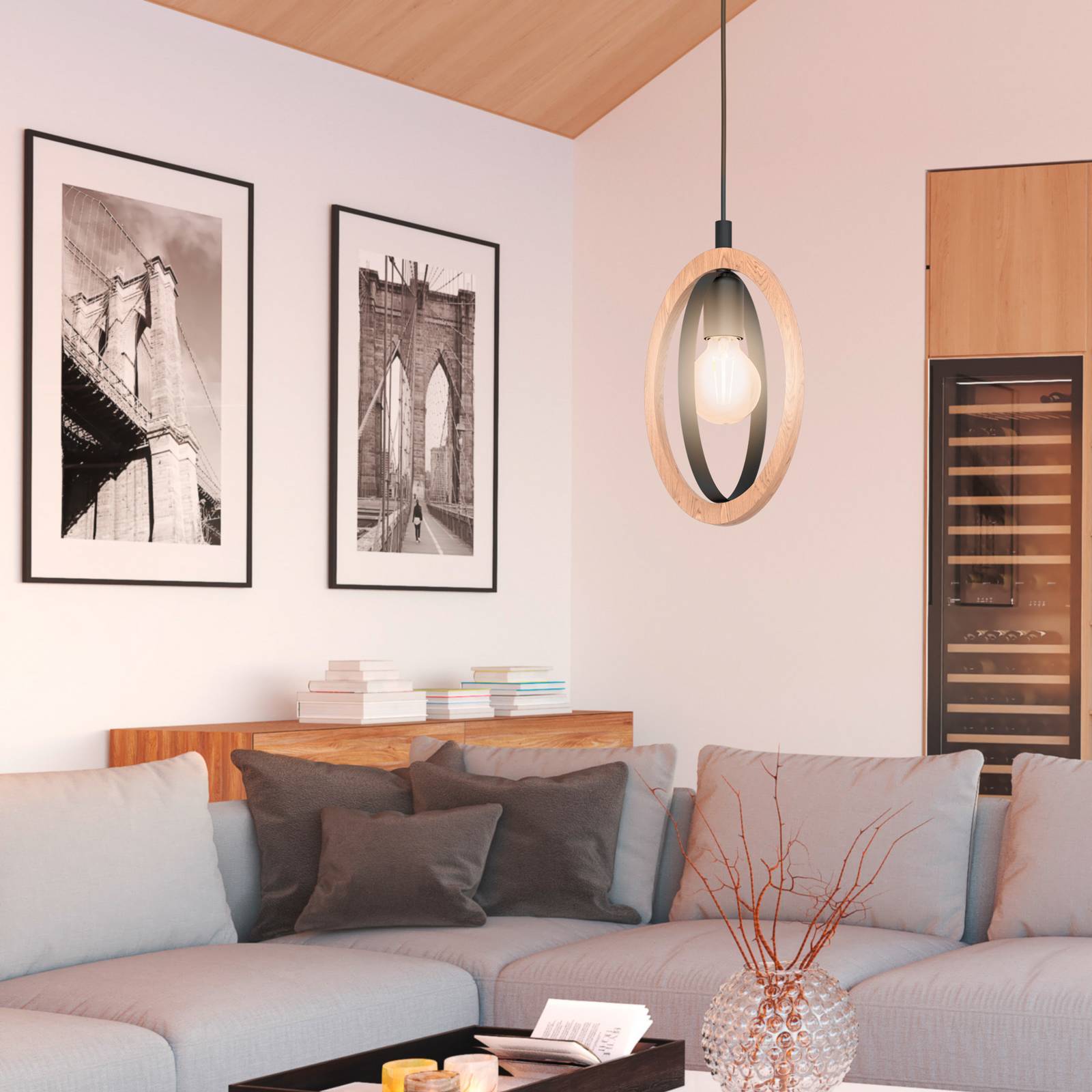 EGLO Hanglamp Basildon van hout/staal, 1-lamp