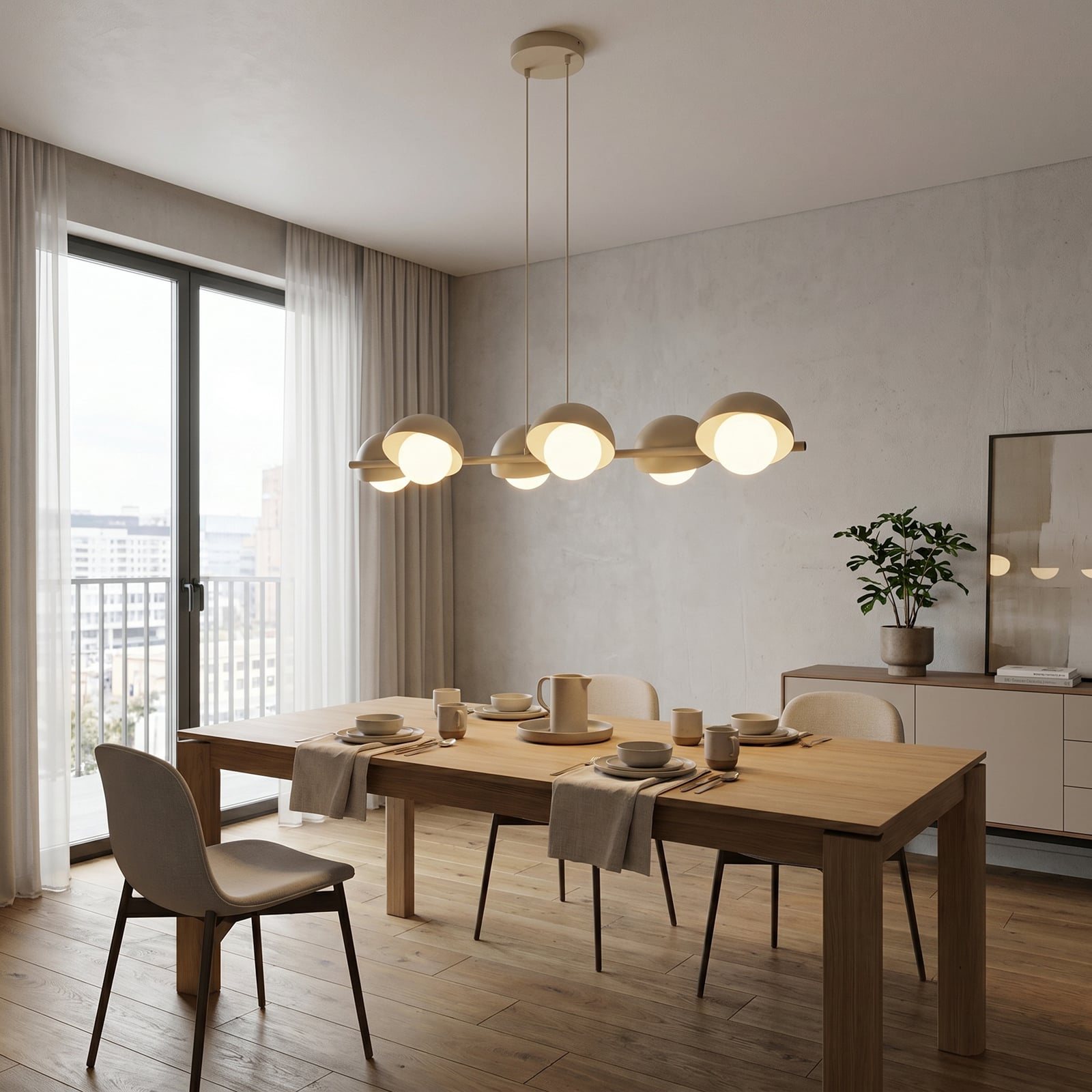 BOOM pendant light, beige, length 88 cm, 6-bulb, metal/glass BOOM pendant light, beige, length 88 cm, 6-bulb, metal/glass