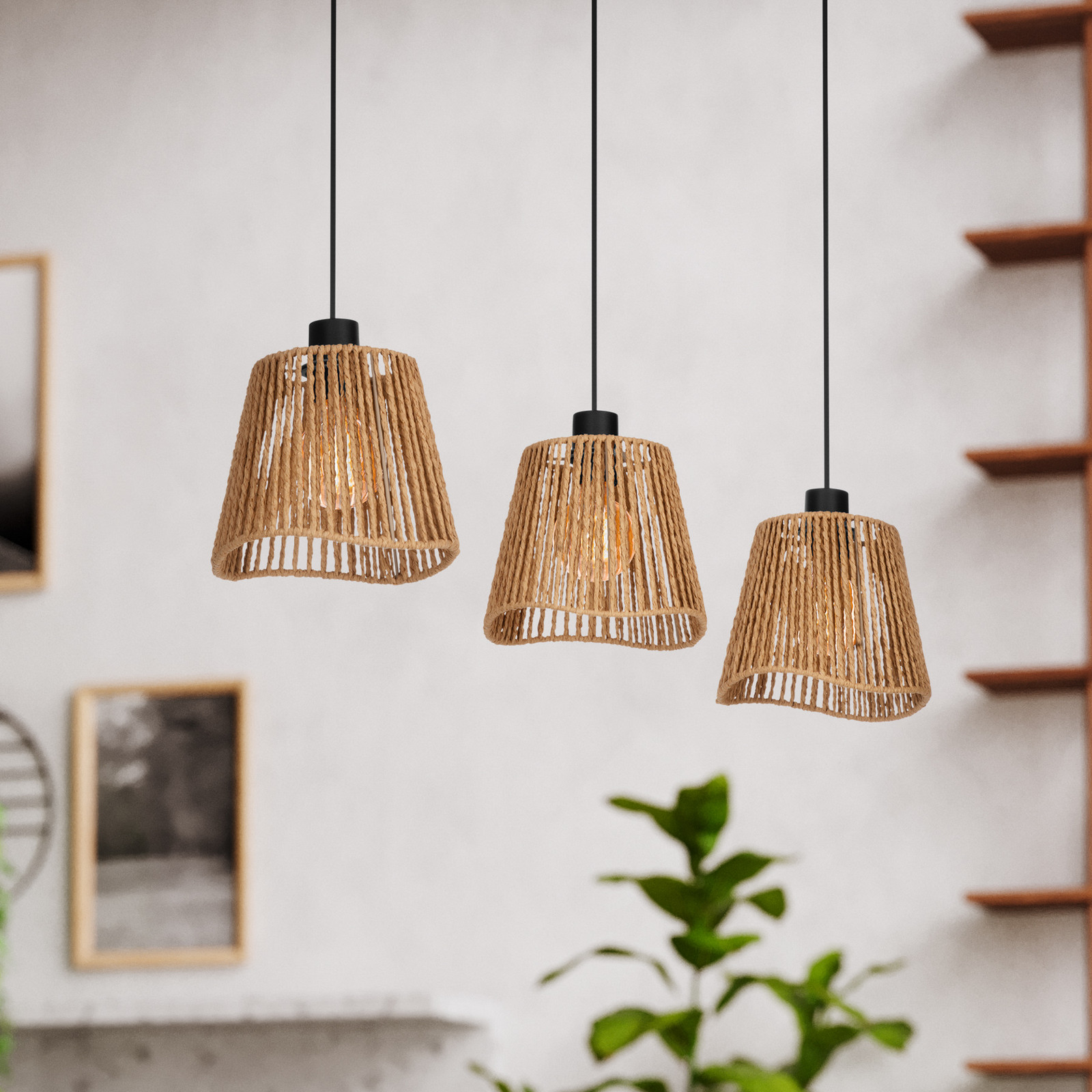 Lampă suspendată Lavister negru/natural 3 lumini hârtie