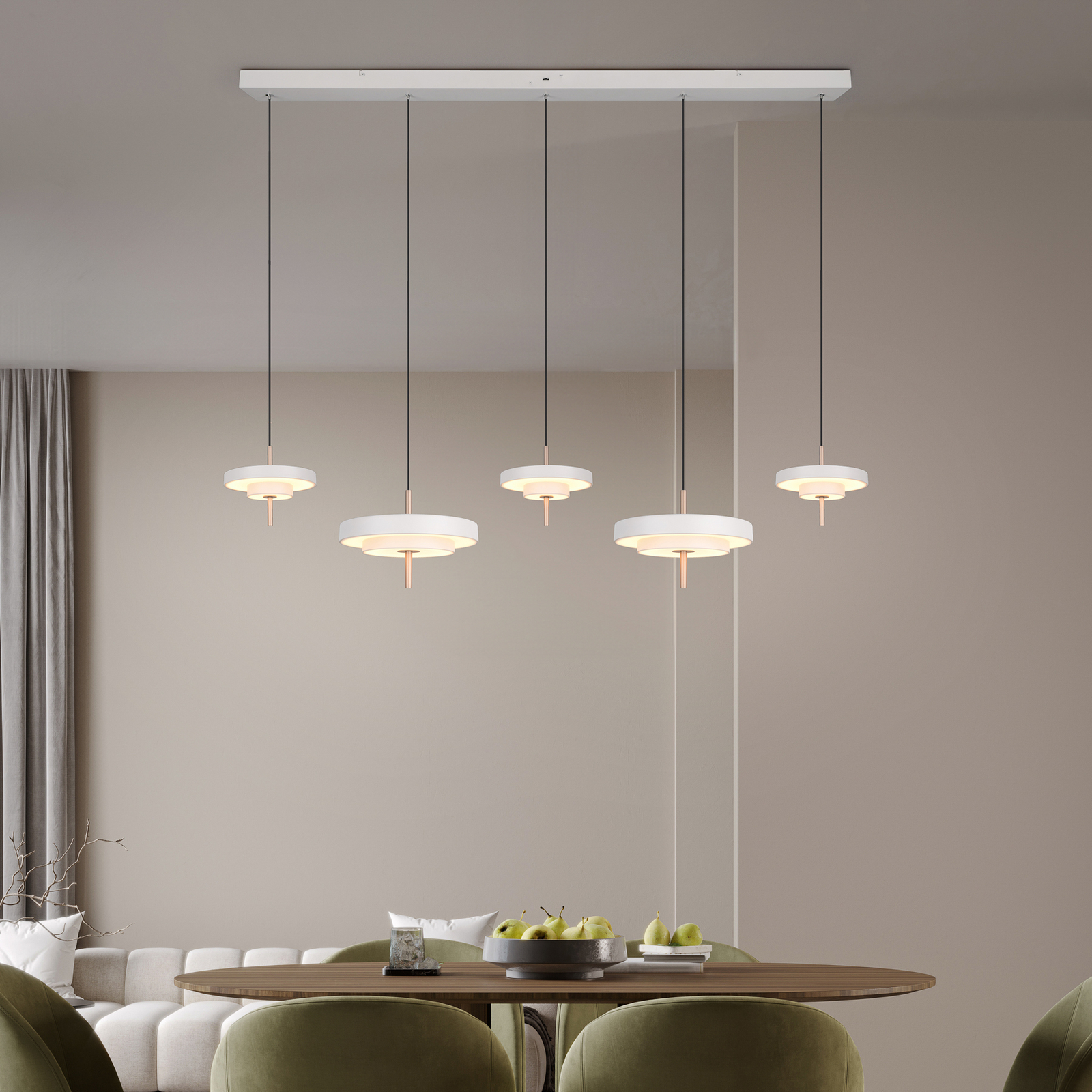 LED hanglamp Keaton, lichtgrijs, lengte 140 cm, CCT, 5-lamps. LED hanglamp Keaton, lichtgrijs, lengte 140 cm, CCT, 5-lamps.