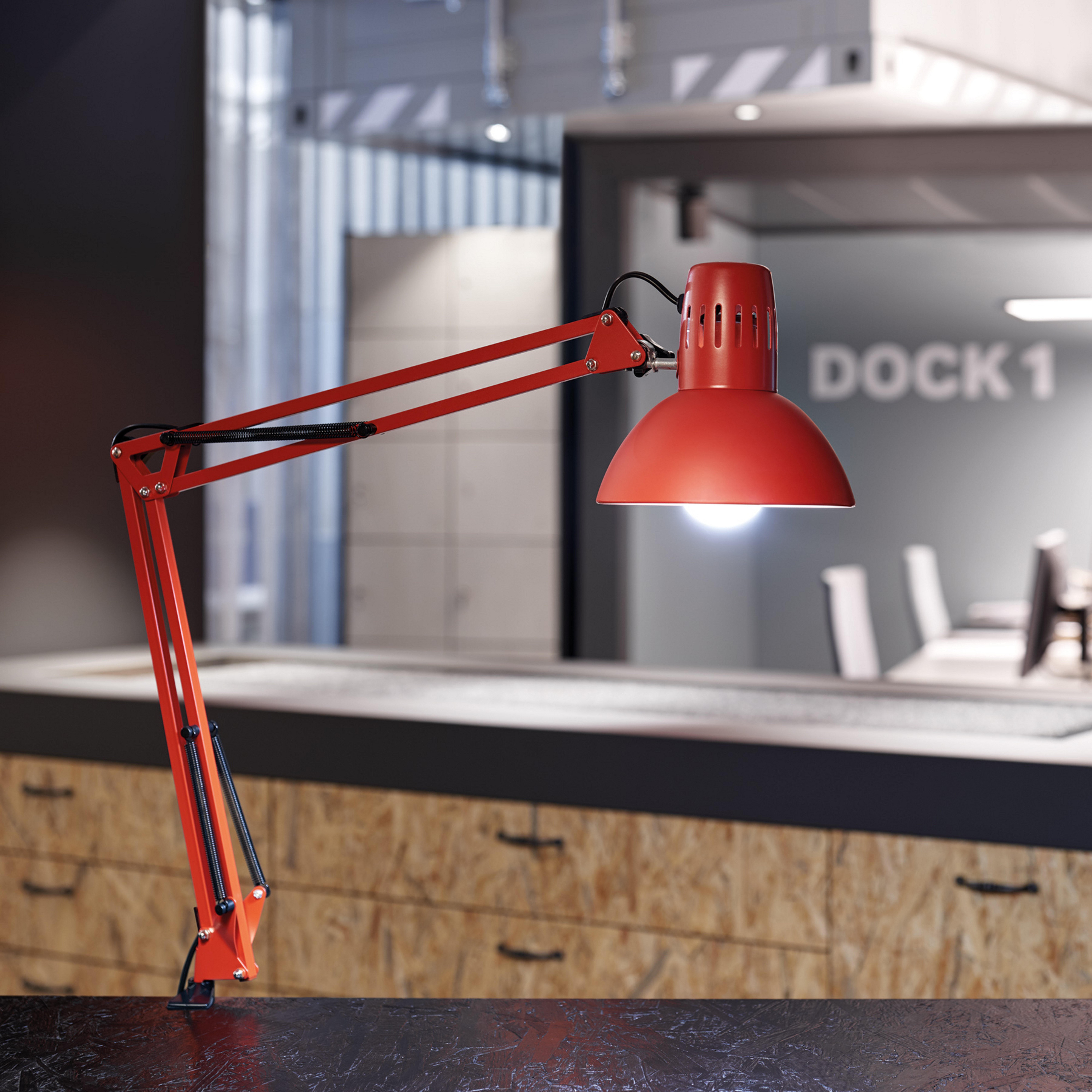 Lampe à pince LED MAULstudy, rouge, acier, hauteur 44 cm, E27