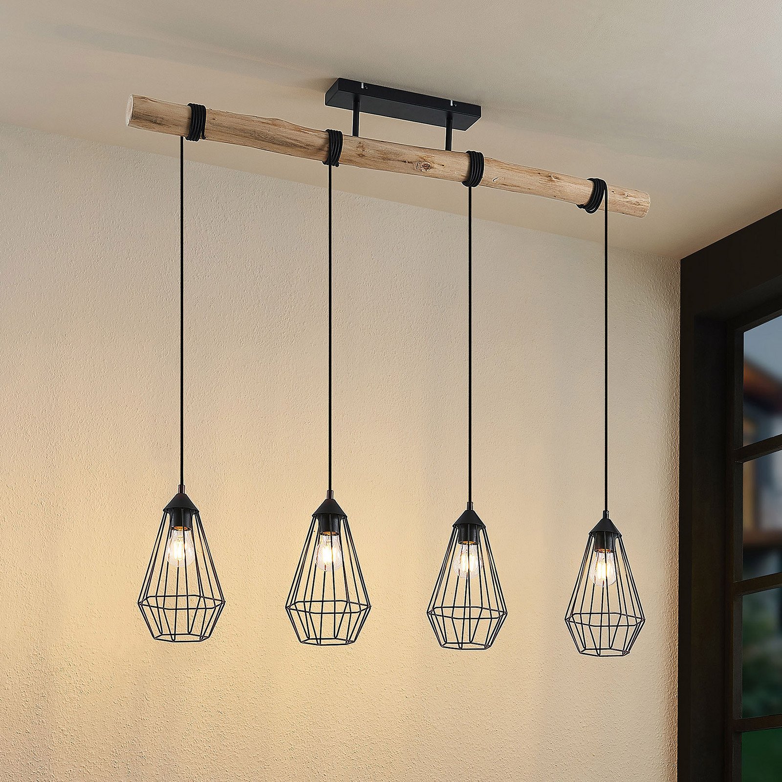 Lindby Elainy lampă abajururi colivie 4 becuri - Camera de zi / sufragerie - Vintage - lemn natural negru