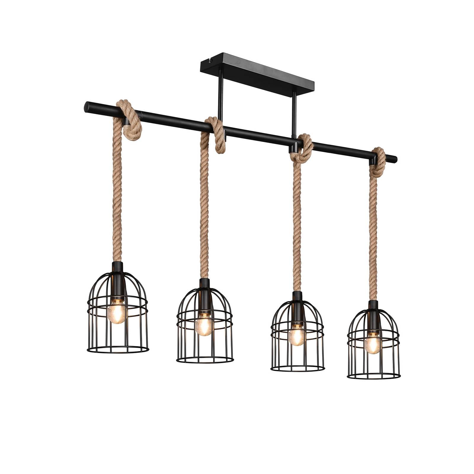 Lindby Kaya ceiling light, rope suspension 4-bulb, for Living / Dining Room, iron, sisal, E14, 10 W, L: 90 cm, W: 13 cm, H: 81 cm