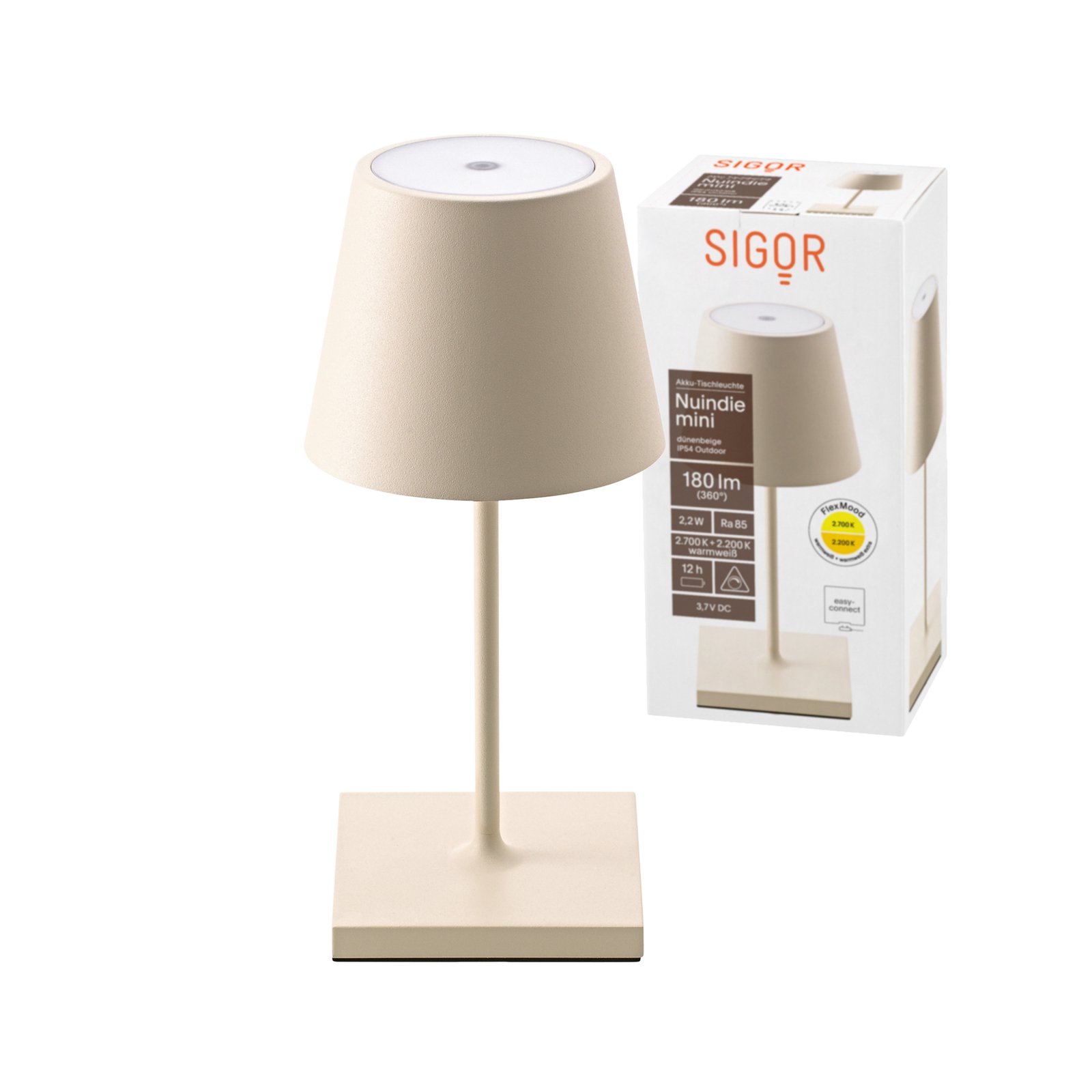 Lampe de table LED rechargeable Nuindie mini, ronde, USB-C, beige dunaire