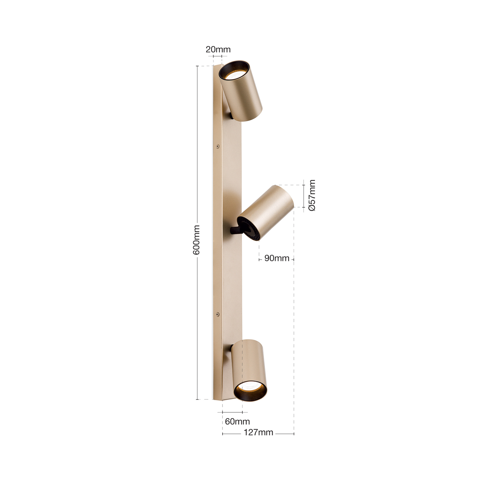 Strahler Sean, 3-flg., goldfarben, Metall, schwenkbar