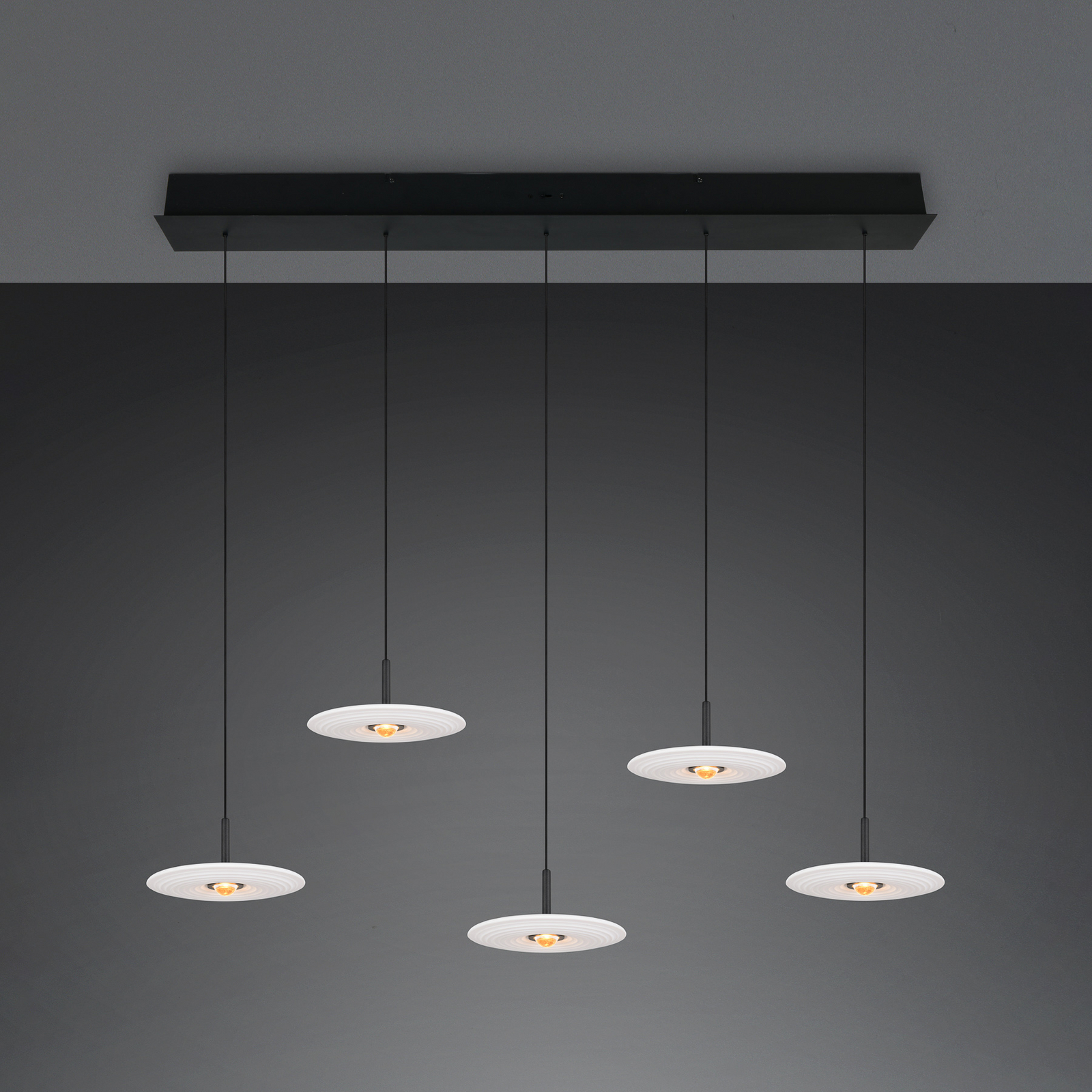 LED висяща лампа „Sirena“, бяла, дължина 104 см, стъкло, CCT, 5-лампова LED висяща лампа „Sirena“, бяла, дължина 104 см, стъкло, CCT, 5-лампова
