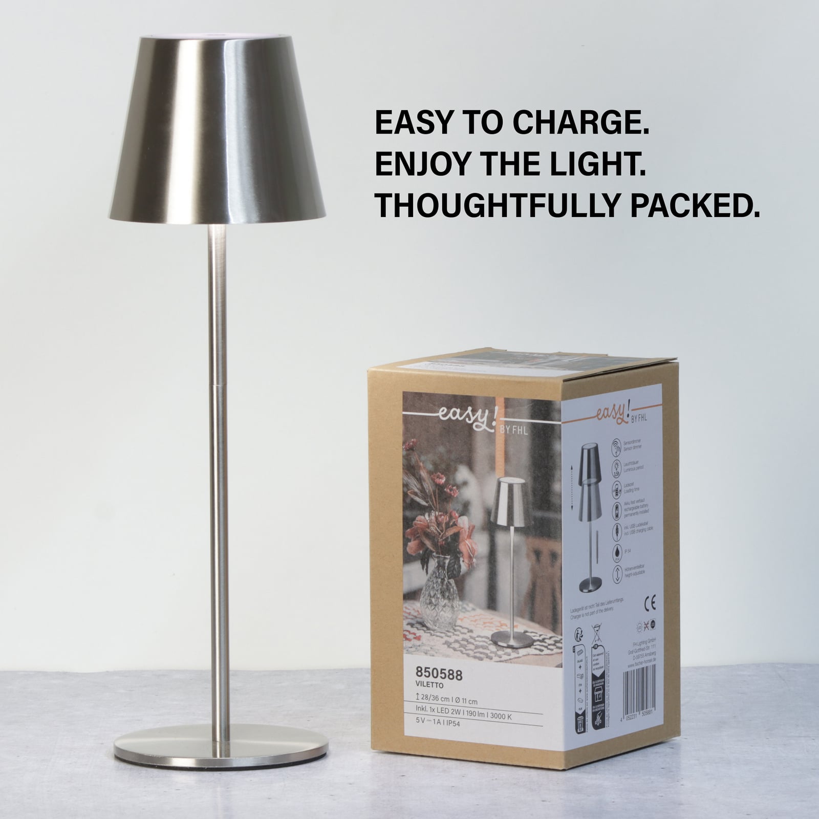 Lámpara de mesa LED recargable Viletto, color níquel, IP54